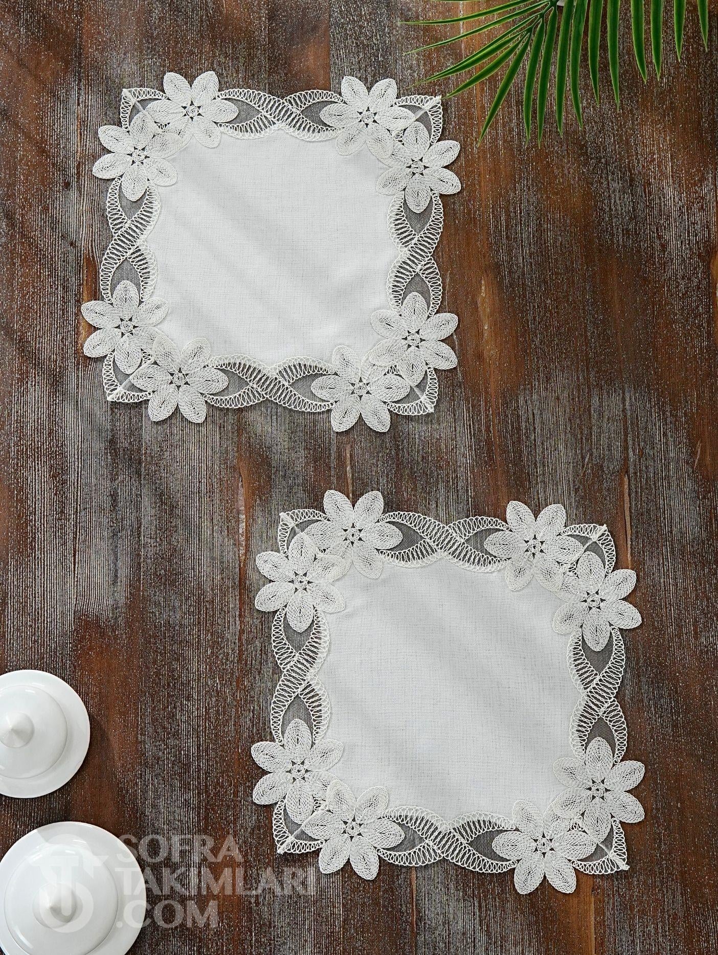 Feride Model Salon Örtü Takımı - 5 Parça Set - Kırık Beyaz Dantel - Kırık Beyaz Kumaş