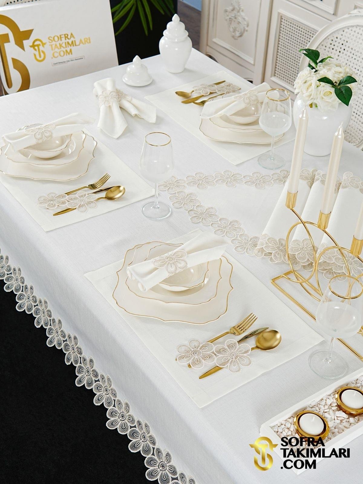 Fonya Model Lüx Sofra Takımı 38 Parça Amerikan Servisli Set - Gold Dantelli - Kırık Beyaz Keten Kumaş 2725