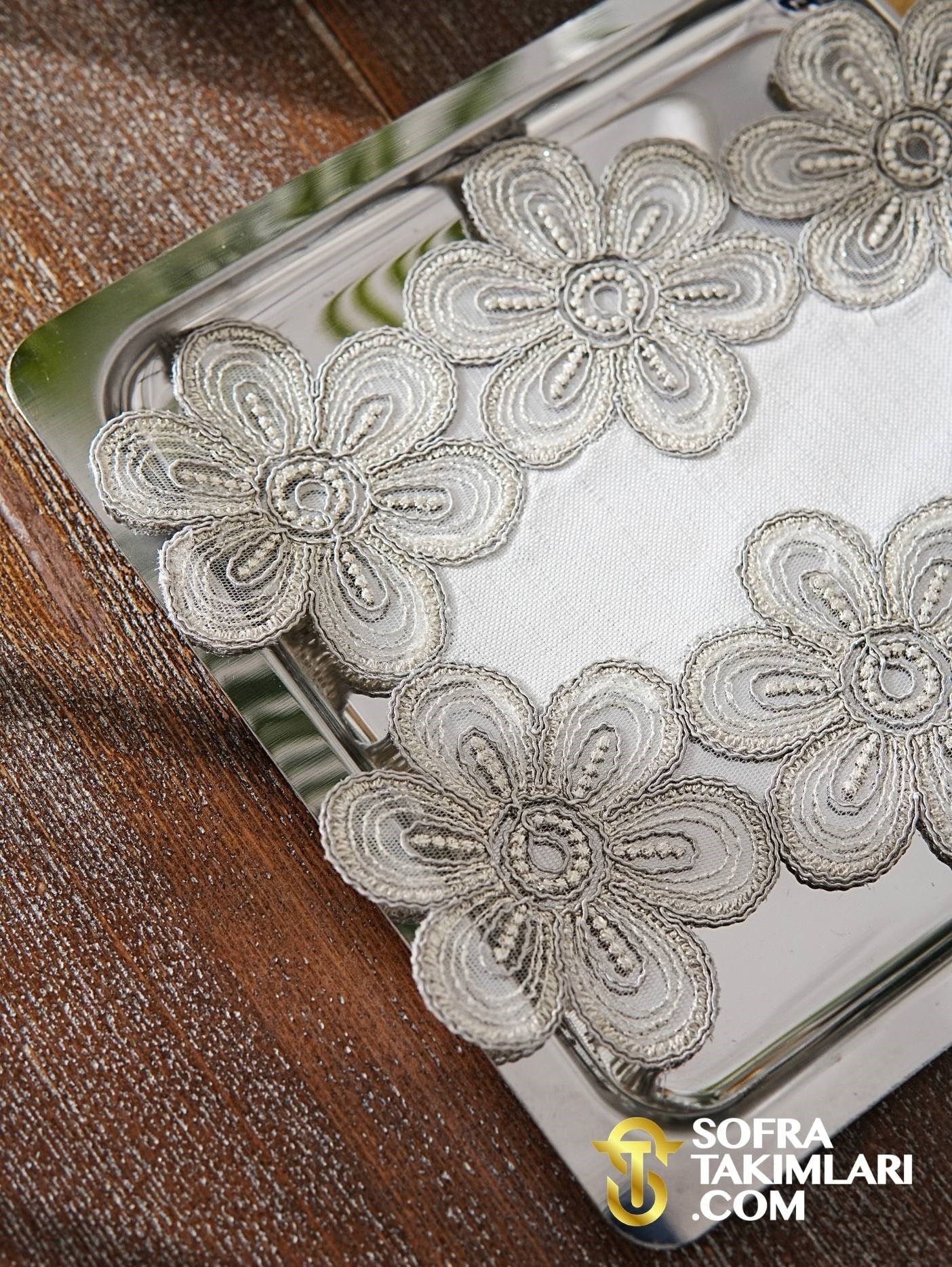 Fonya Model Tepsi Örtüsü - Silver Dantelli