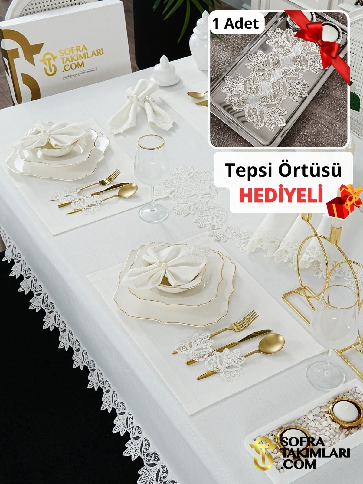 Fulya Model Lüks Sofra Takımı 38 Parça Full Set - Kırık Beyaz Dantel - Kırık Beyaz Keten Kumaş