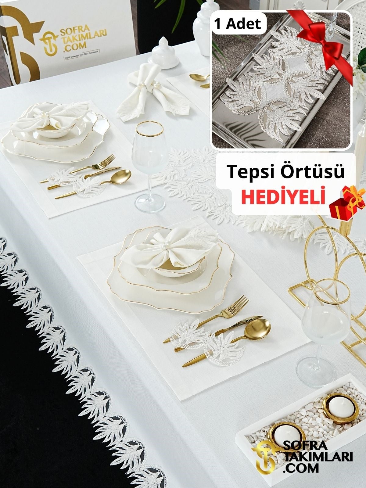 Hanzade Model Lüks Sofra Takımı 38 Parça Full Set - Kırık Beyaz Dantel - Kırık Beyaz Keten Kumaş