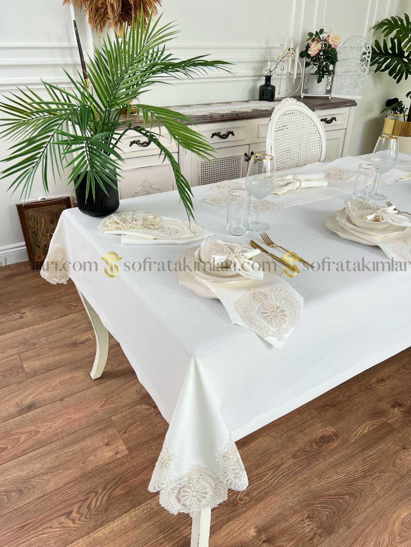 Helen Model Eko 26 Parça Sofra Takımı - Gold Dantelli - Kırık Beyaz Kumaş