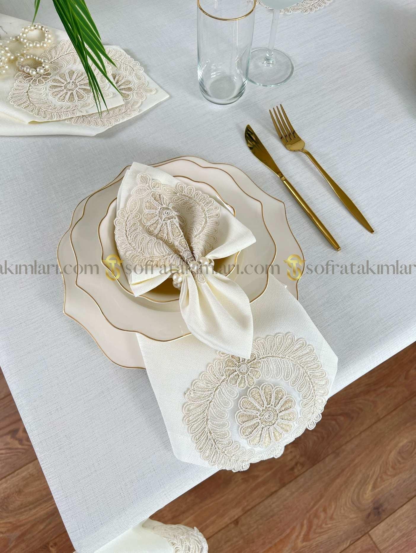 Helen Model Eko 26 Parça Sofra Takımı - Gold Dantelli - Kırık Beyaz Kumaş