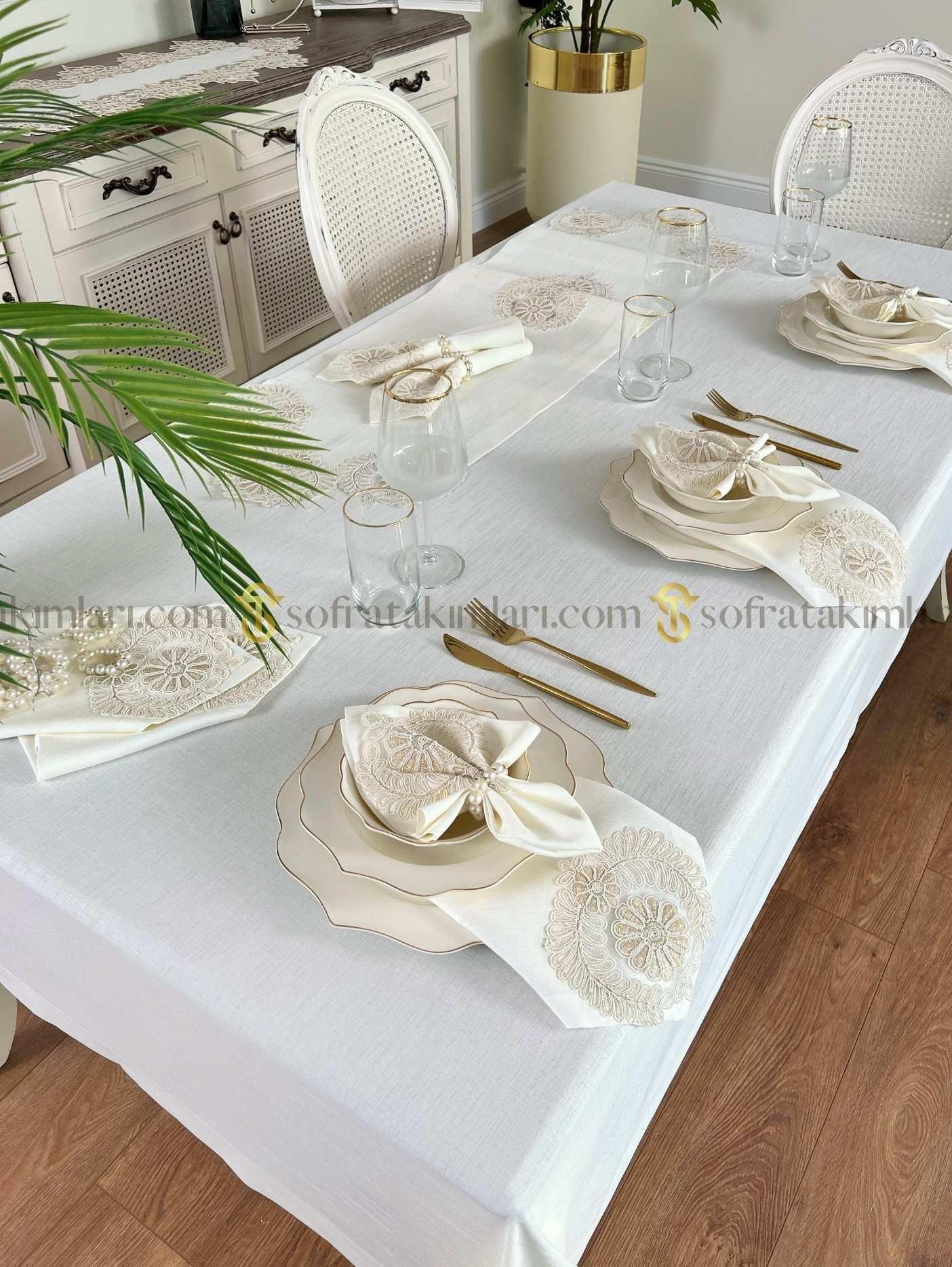 Helen Model Eko 26 Parça Sofra Takımı - Gold Dantelli - Kırık Beyaz Kumaş