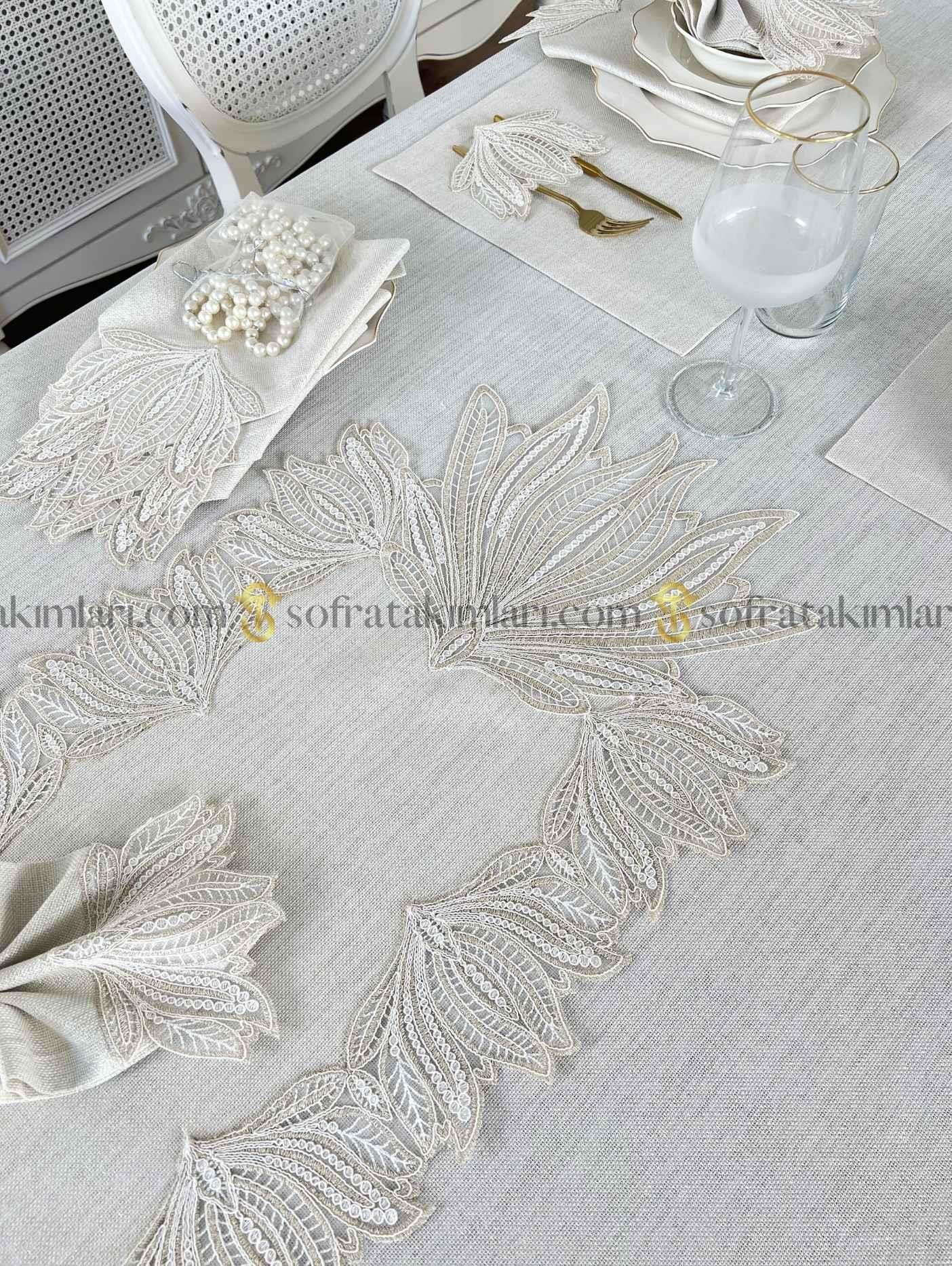 Kaktüs Model 38 Parça Lüx Sofra Takımı - Gold Dantelli - Işıltılı Taş Rengi Kumaş