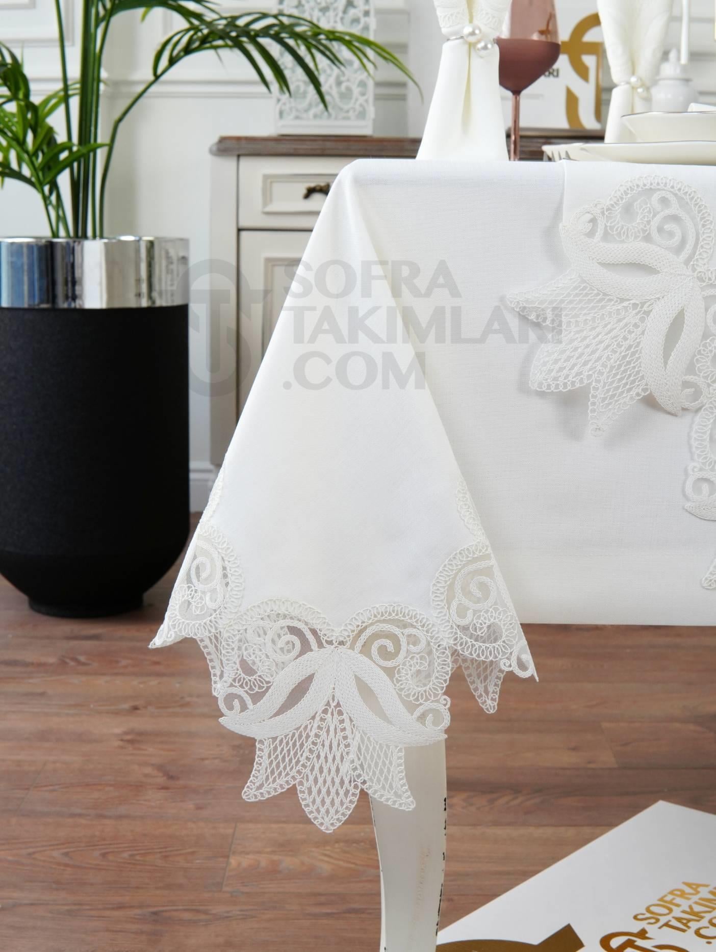 Lale Model Eko Sofra Takımı 26 Parça Set - Kırık Beyaz Dantel - Kırık Beyaz Keten Kumaş
