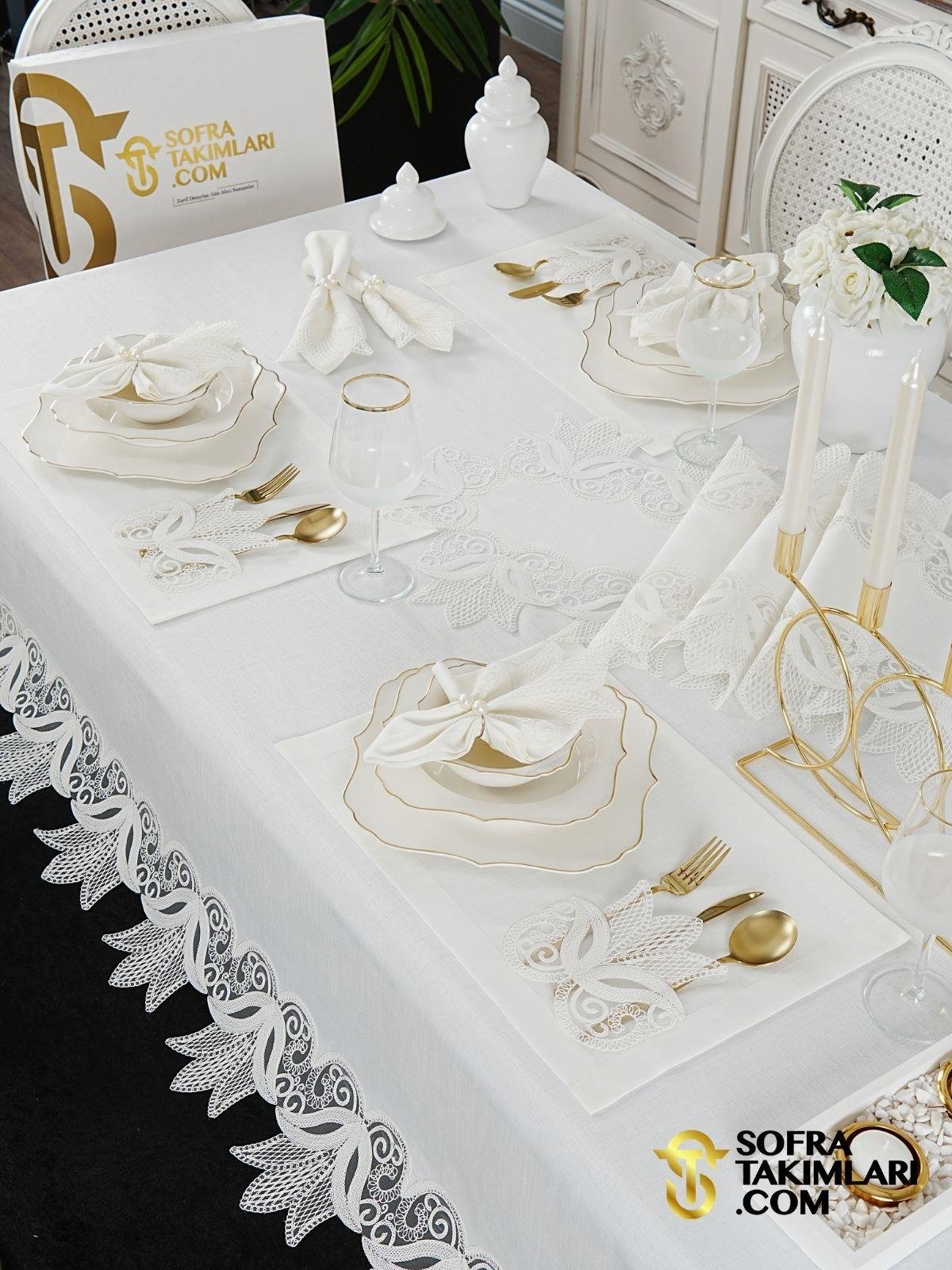 Lale Model Lüx Sofra Takımı - 38 Parça Amerikan Servisli Set - Kırık Beyaz Kumaş 2725