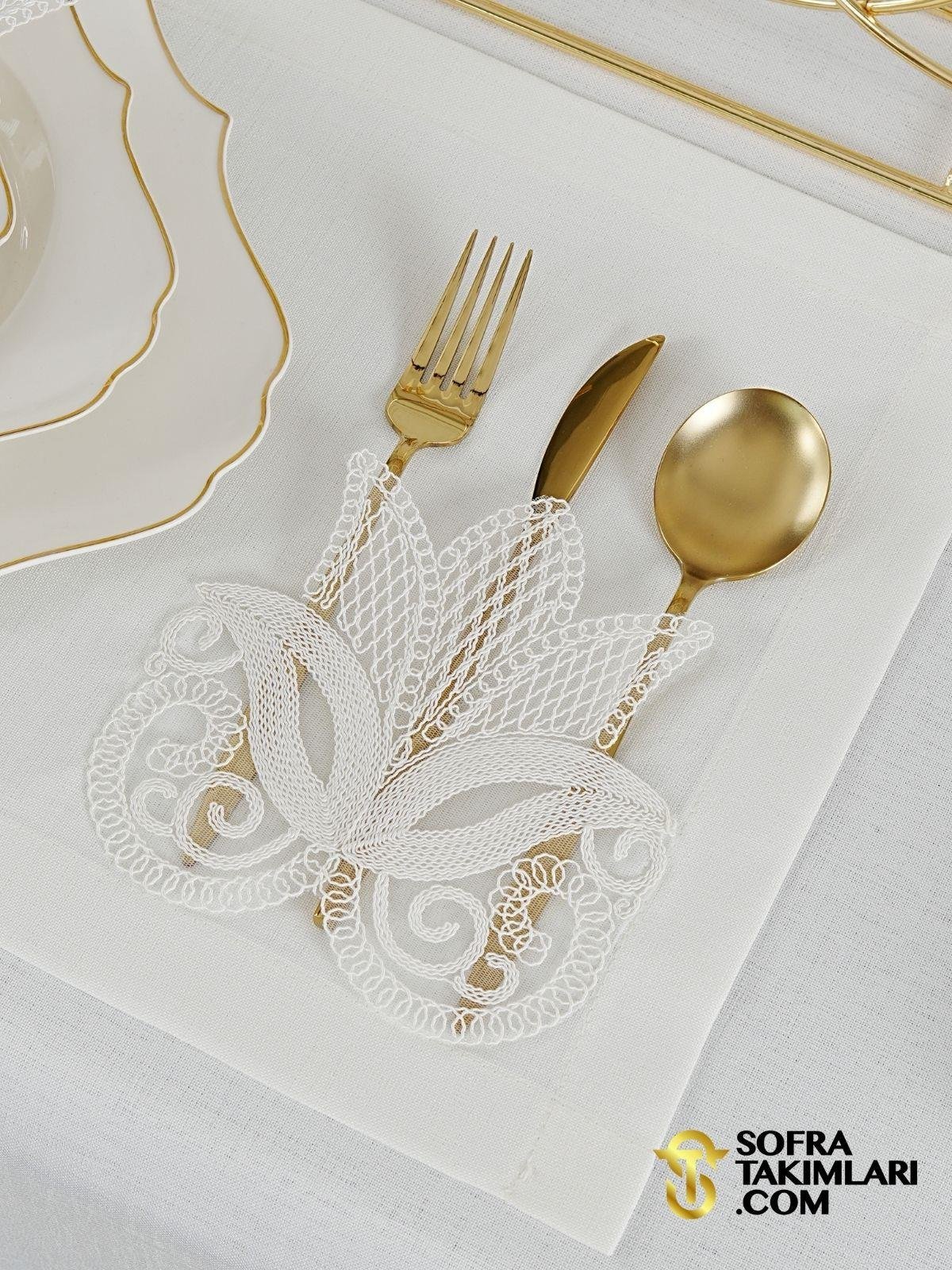 Lale Model Lüx Sofra Takımı - 38 Parça Amerikan Servisli Set - Kırık Beyaz Kumaş 2725