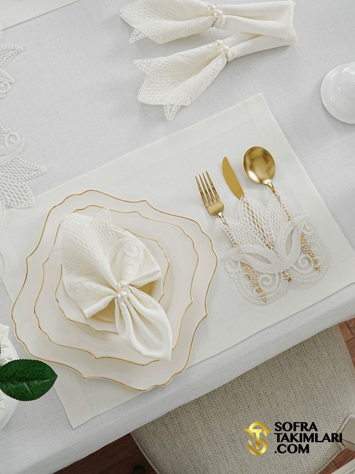 Lale Model Lüx Sofra Takımı - 38 Parça Amerikan Servisli Set - Kırık Beyaz Kumaş 2725