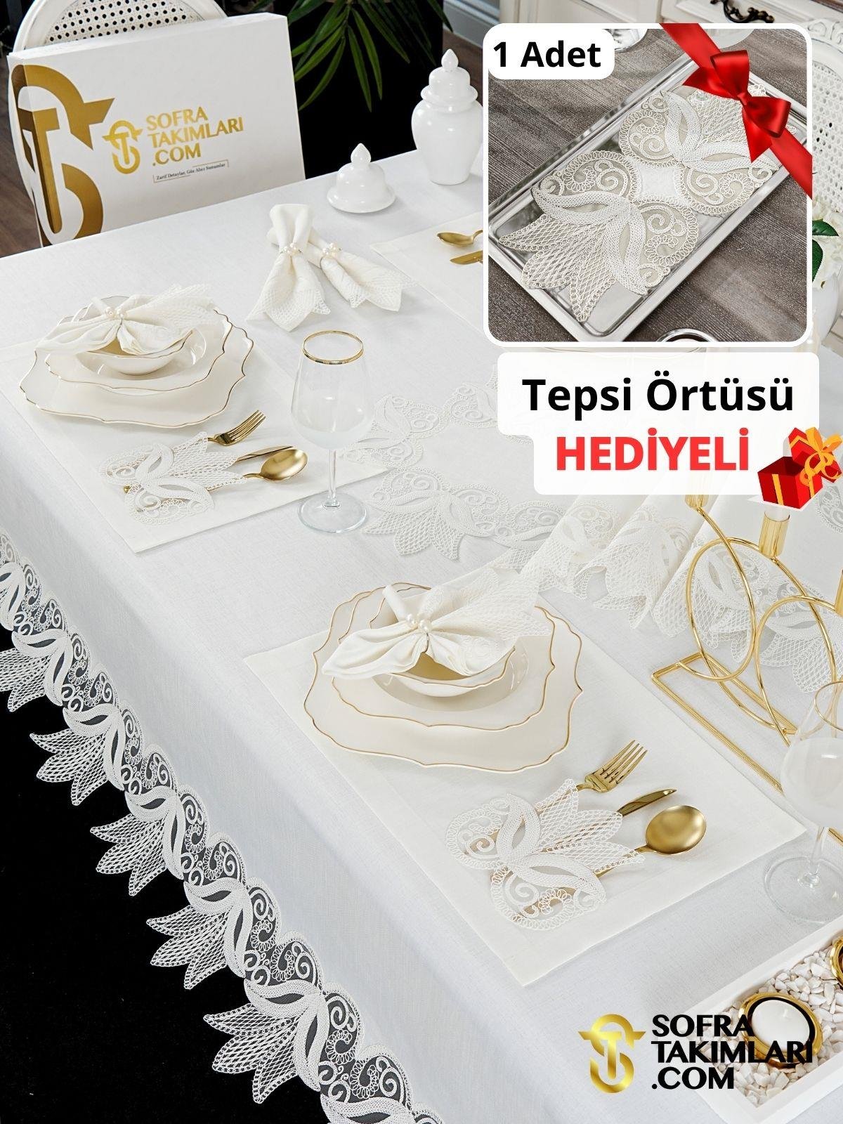 Lale Model Lüx Sofra Takımı - 38 Parça Amerikan Servisli Set - Kırık Beyaz Kumaş 2725