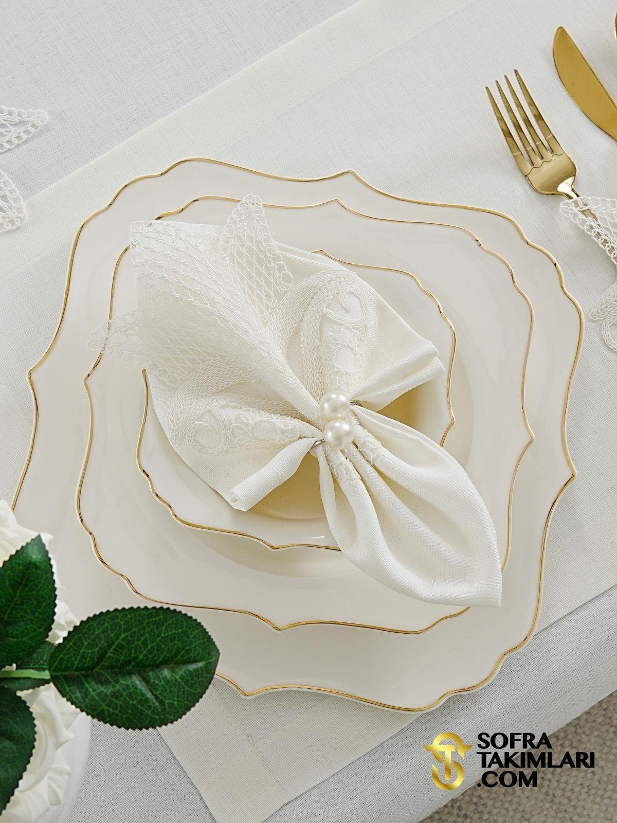 Lale Model Lüx Sofra Takımı - 38 Parça Amerikan Servisli Set - Kırık Beyaz Kumaş 2725