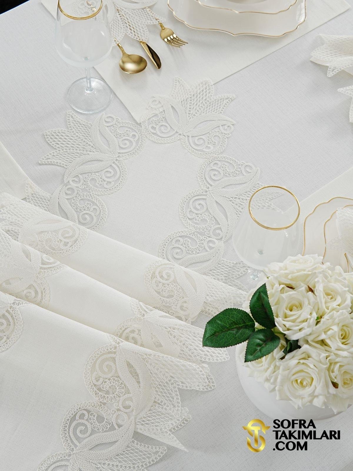 Lale Model Lüx Sofra Takımı - 38 Parça Amerikan Servisli Set - Kırık Beyaz Kumaş 2725