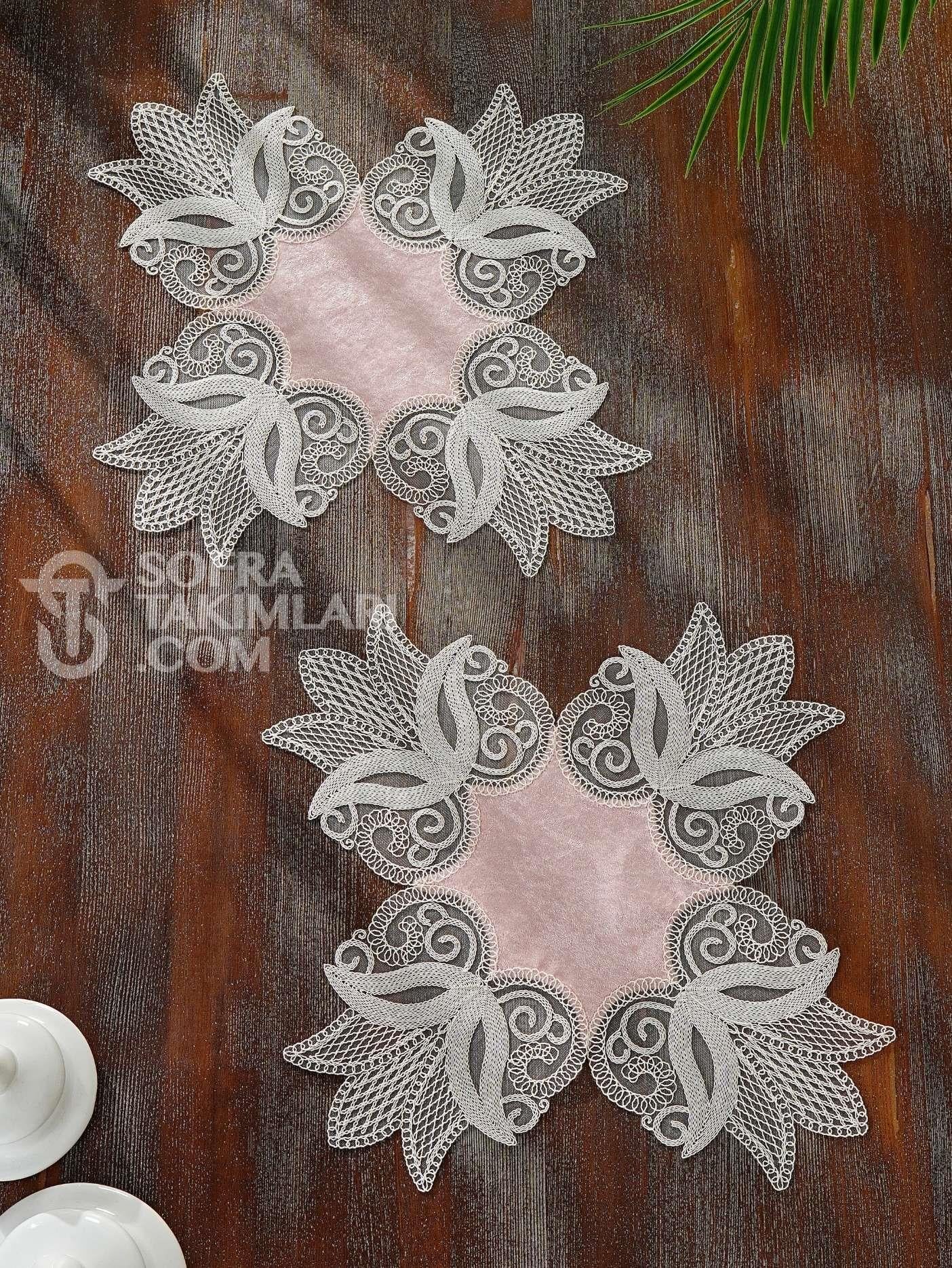 Lale Model Salon Örtü Takımı - 5 Parça Set  - Pembe İpek Kadife Kumaş