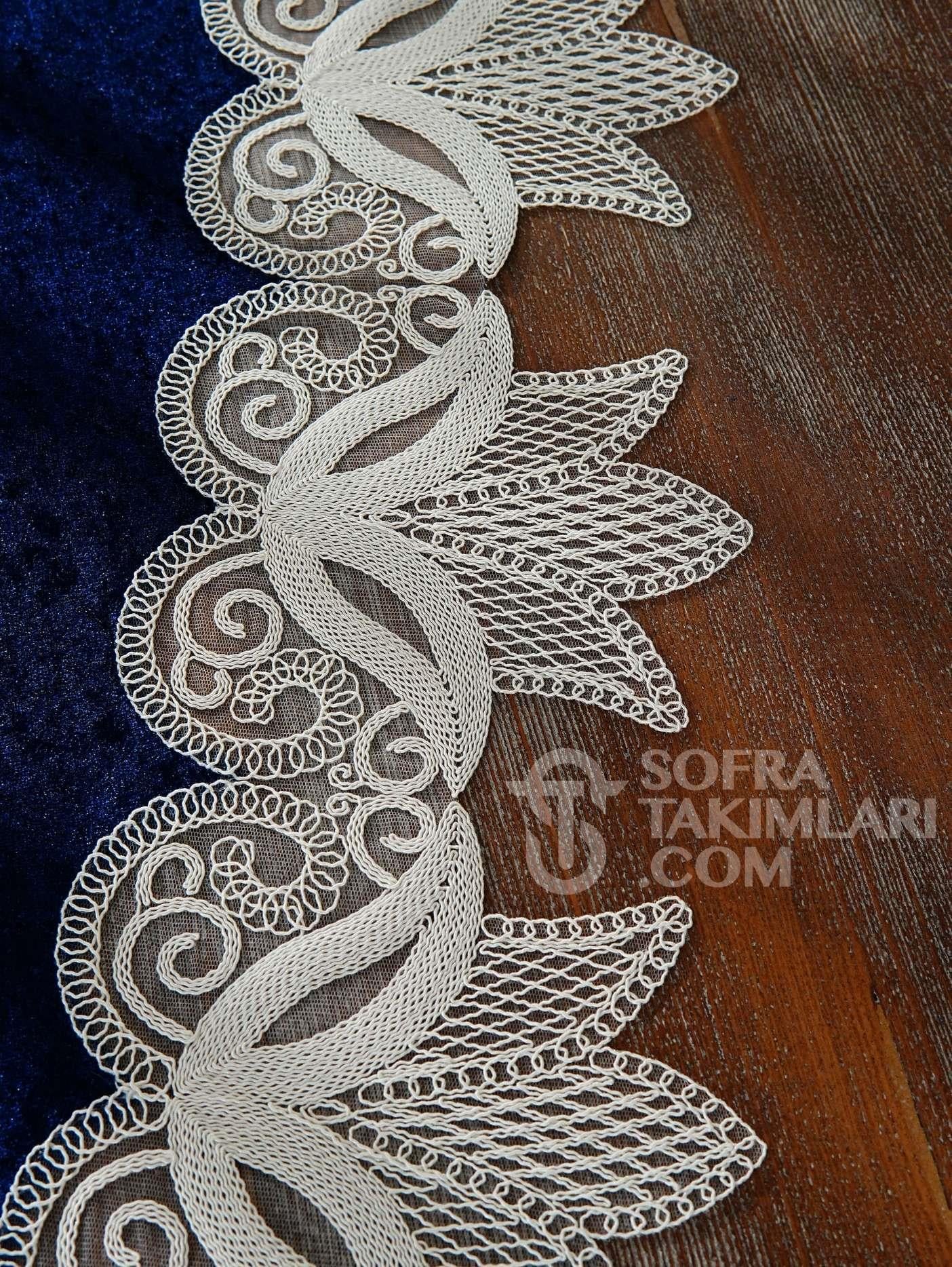 Lale Model Salon Örtü Takımı - 5 Parça Set  - Lacivert İpek Kadife Kumaş