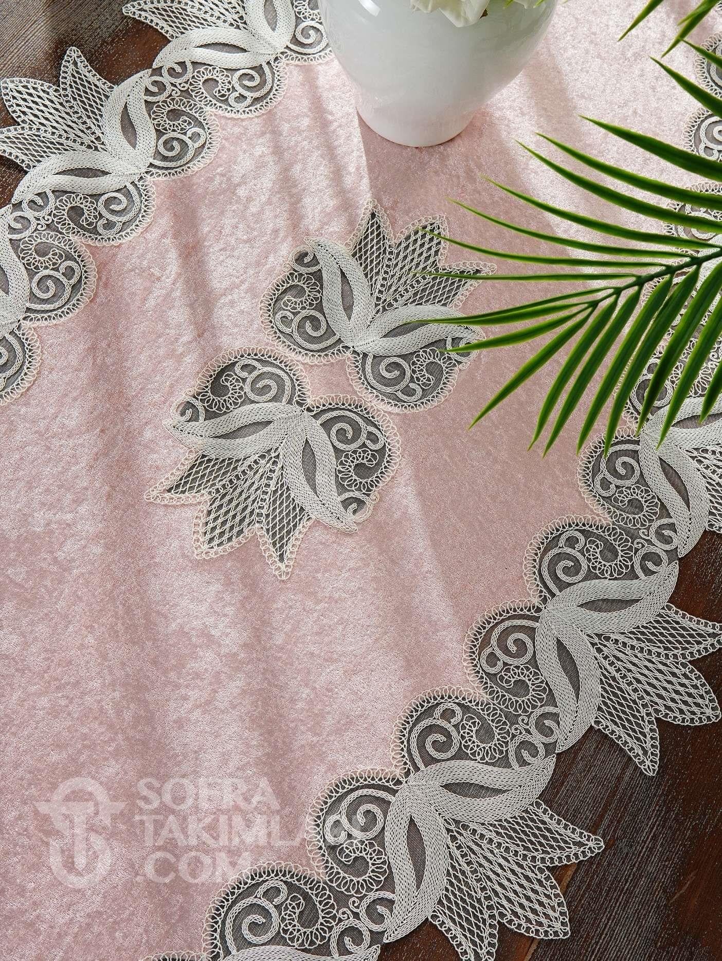 Lale Model Salon Örtü Takımı - 5 Parça Set  - Pembe İpek Kadife Kumaş