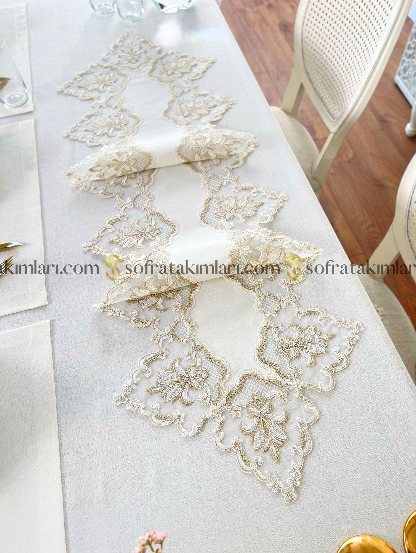 Leylak Model Lüx Sofra Takımı 38 Parça Amerikan Servisli Set - Gold Dantelli - Kırık Beyaz Kumaş