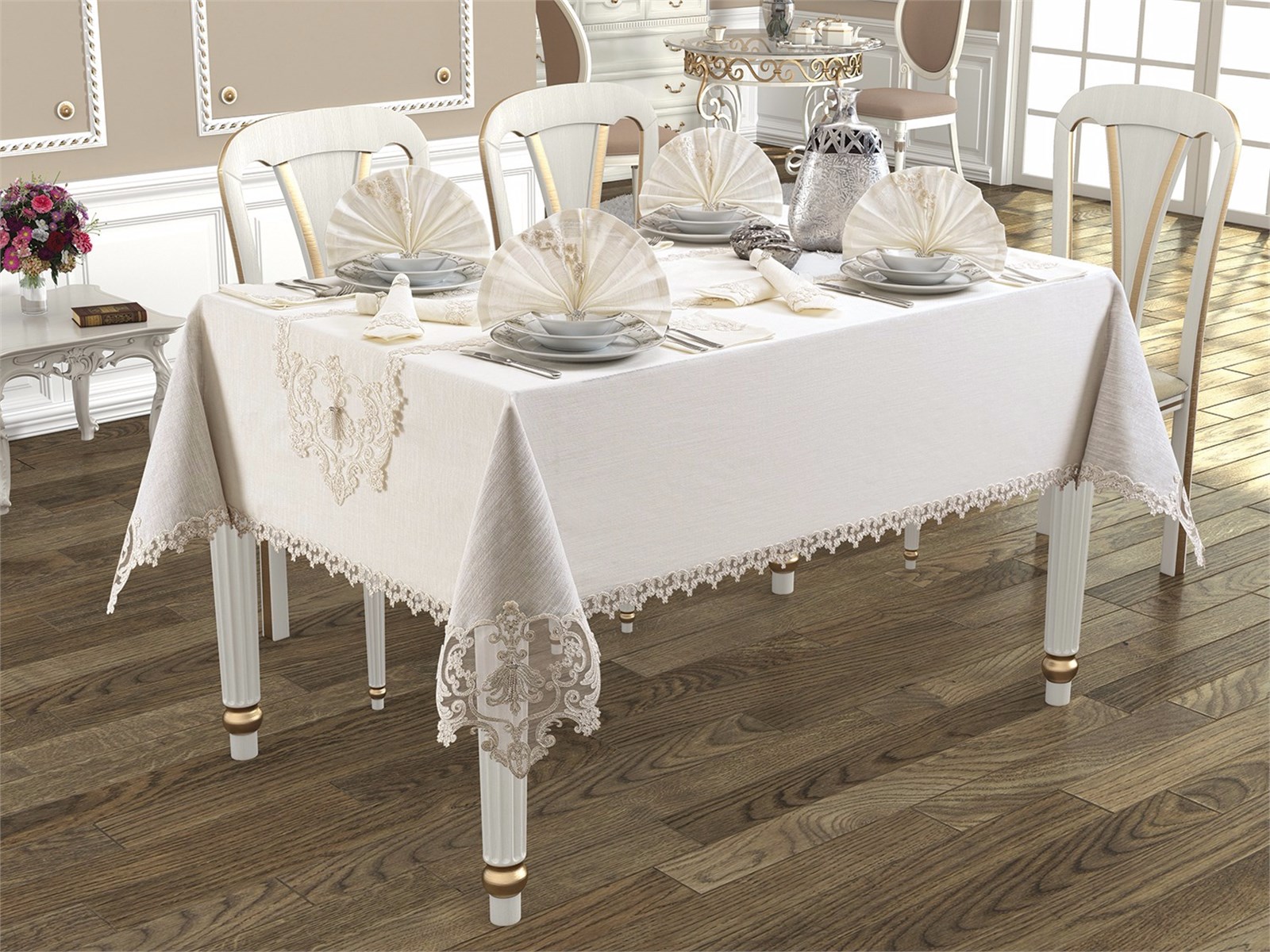 Linen Lale Lüx Masa Örtüsü Takımı Kırık Beyaz