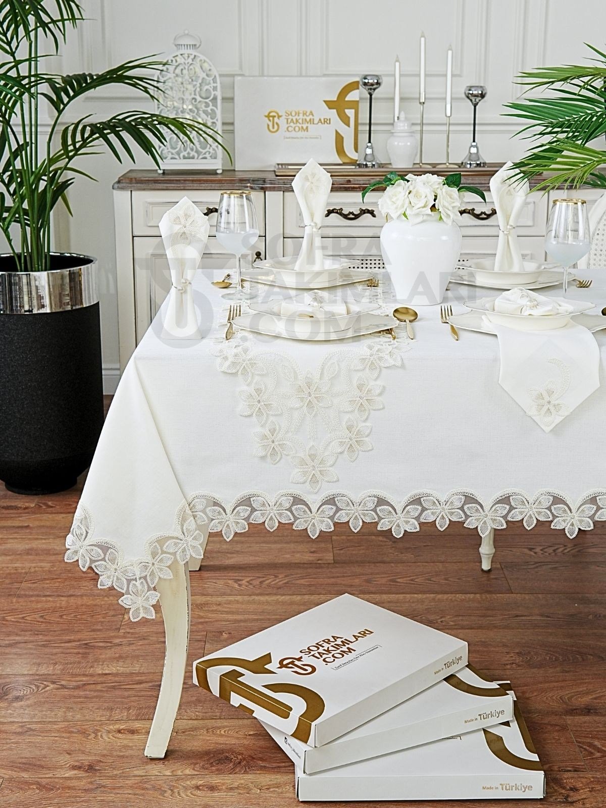 Manolya Model Lüks 26 Parça Sofra Takımı Set - Gold Dantel - Kırık Beyaz Kumaş