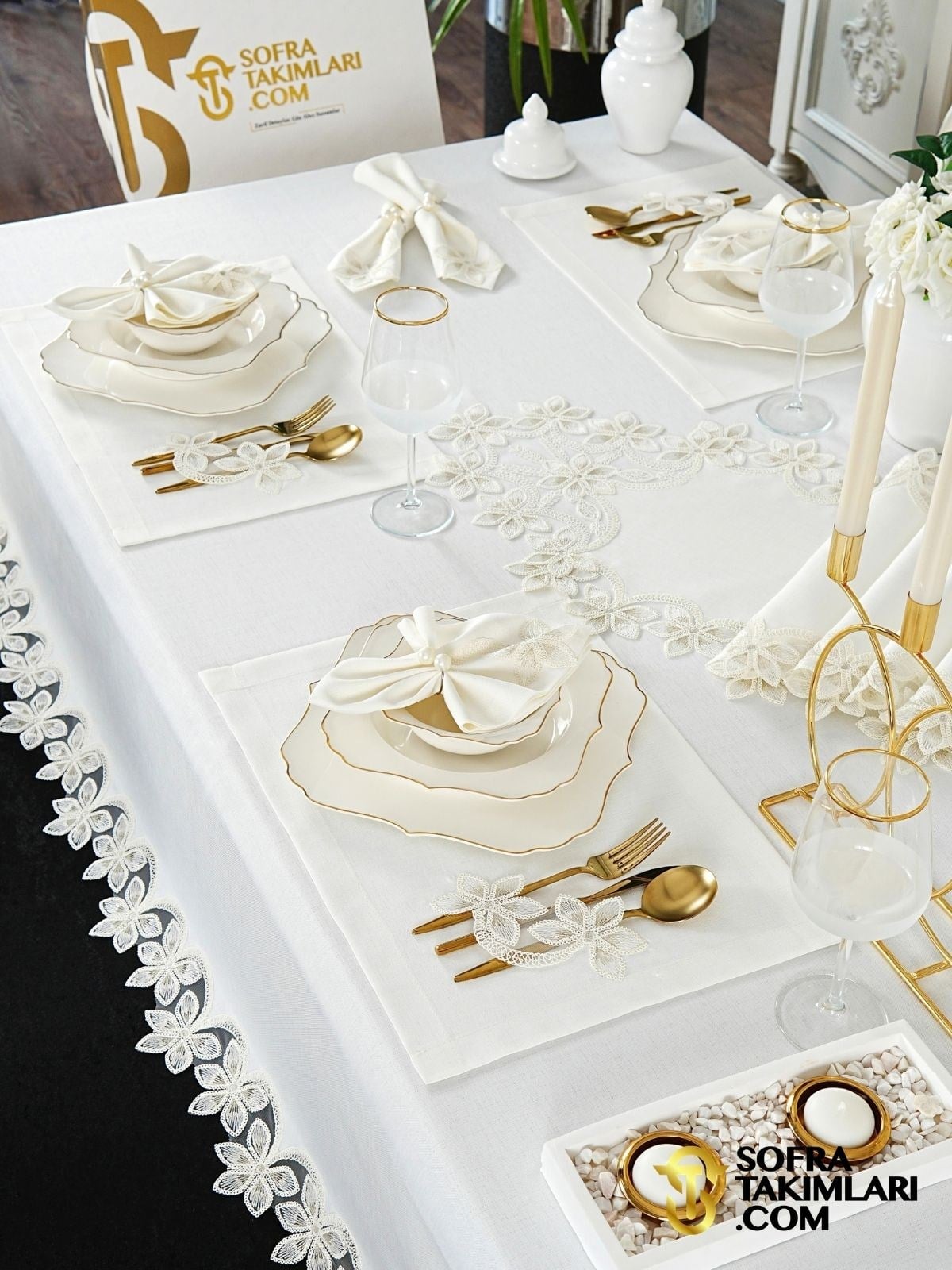 Manolya Model Lüks Sofra Takımı 38 Parça Full Set - Gold Dantel - Kırık Beyaz Keten Kumaş