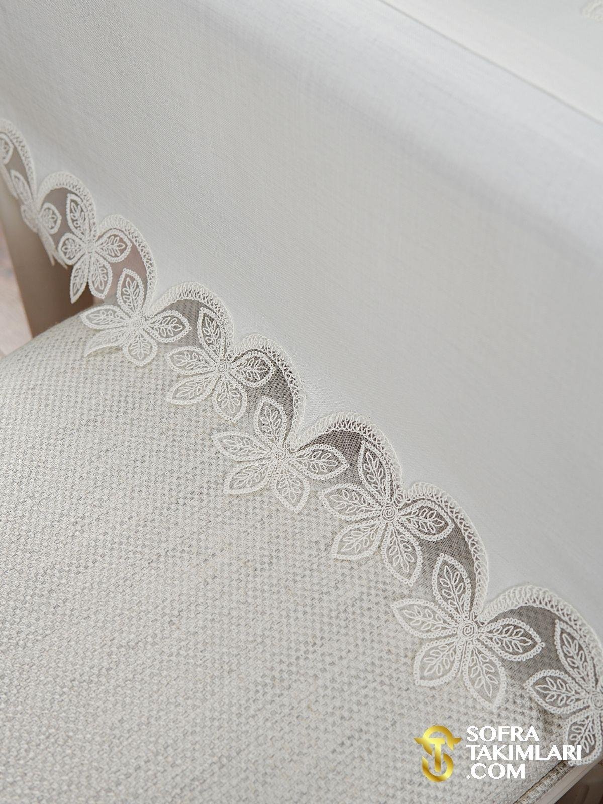 Manolya Model Lüx Sofra Takımı - 38 Parça Amerikan Servisli Set - Kırık Beyaz Dantel - Kırık Beyaz Kumaş 2725