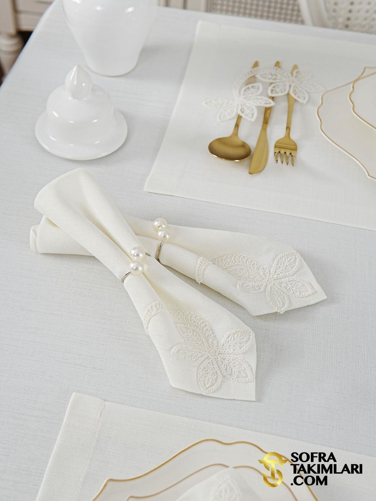Manolya Model Lüx Sofra Takımı - 38 Parça Amerikan Servisli Set - Kırık Beyaz Dantel - Kırık Beyaz Kumaş 2725