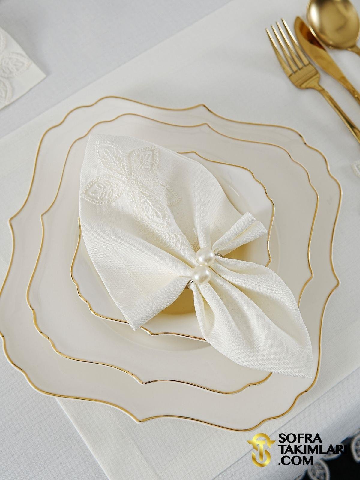 Manolya Model Lüx Sofra Takımı - 38 Parça Amerikan Servisli Set - Kırık Beyaz Dantel - Kırık Beyaz Kumaş 2725