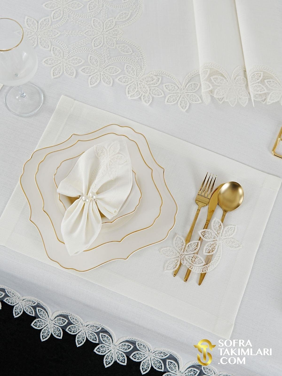 Manolya Model Lüx Sofra Takımı - 38 Parça Amerikan Servisli Set - Kırık Beyaz Dantel - Kırık Beyaz Kumaş 2725