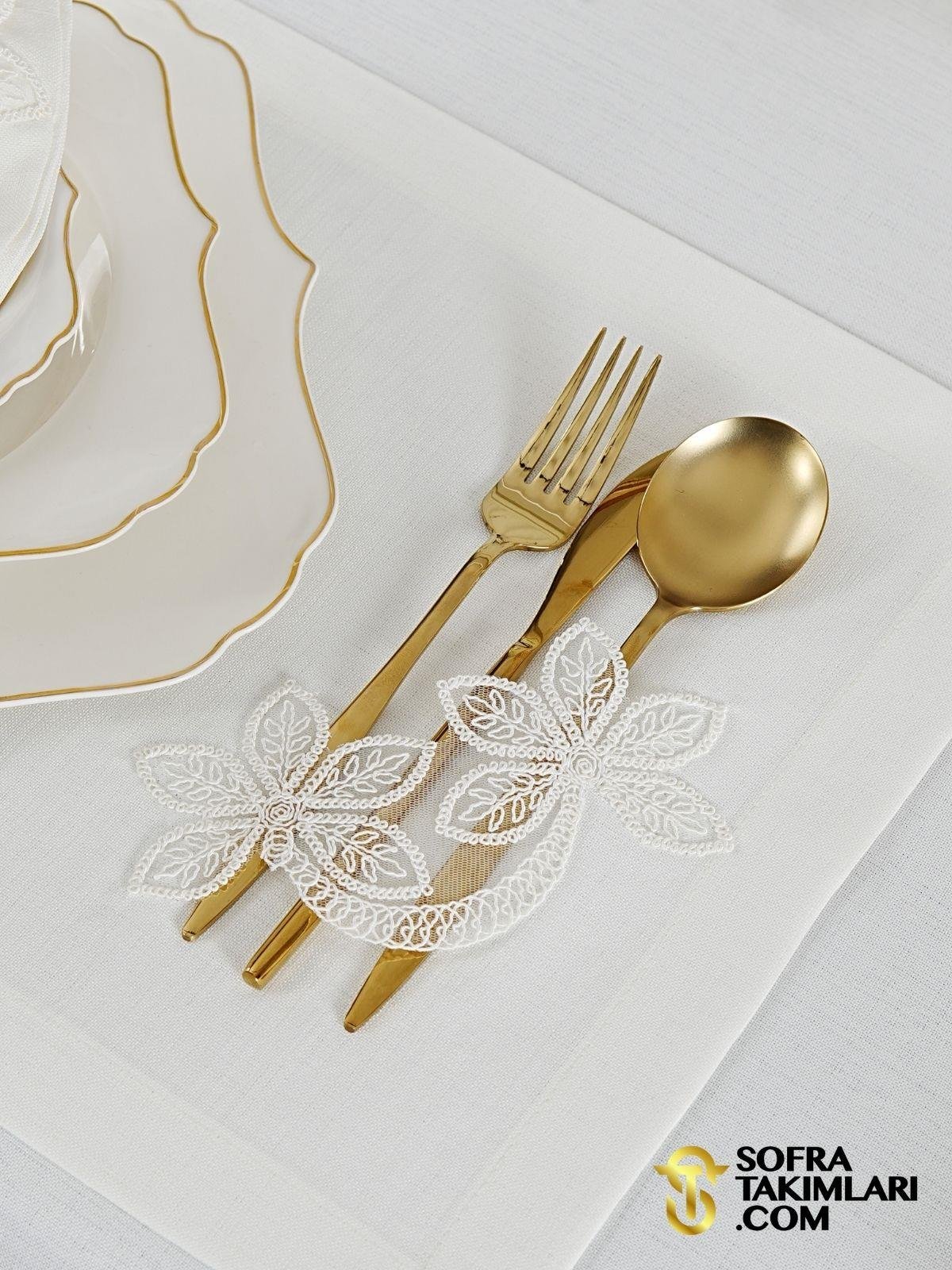 Manolya Model Lüx Sofra Takımı - 38 Parça Amerikan Servisli Set - Kırık Beyaz Dantel - Kırık Beyaz Kumaş 2725