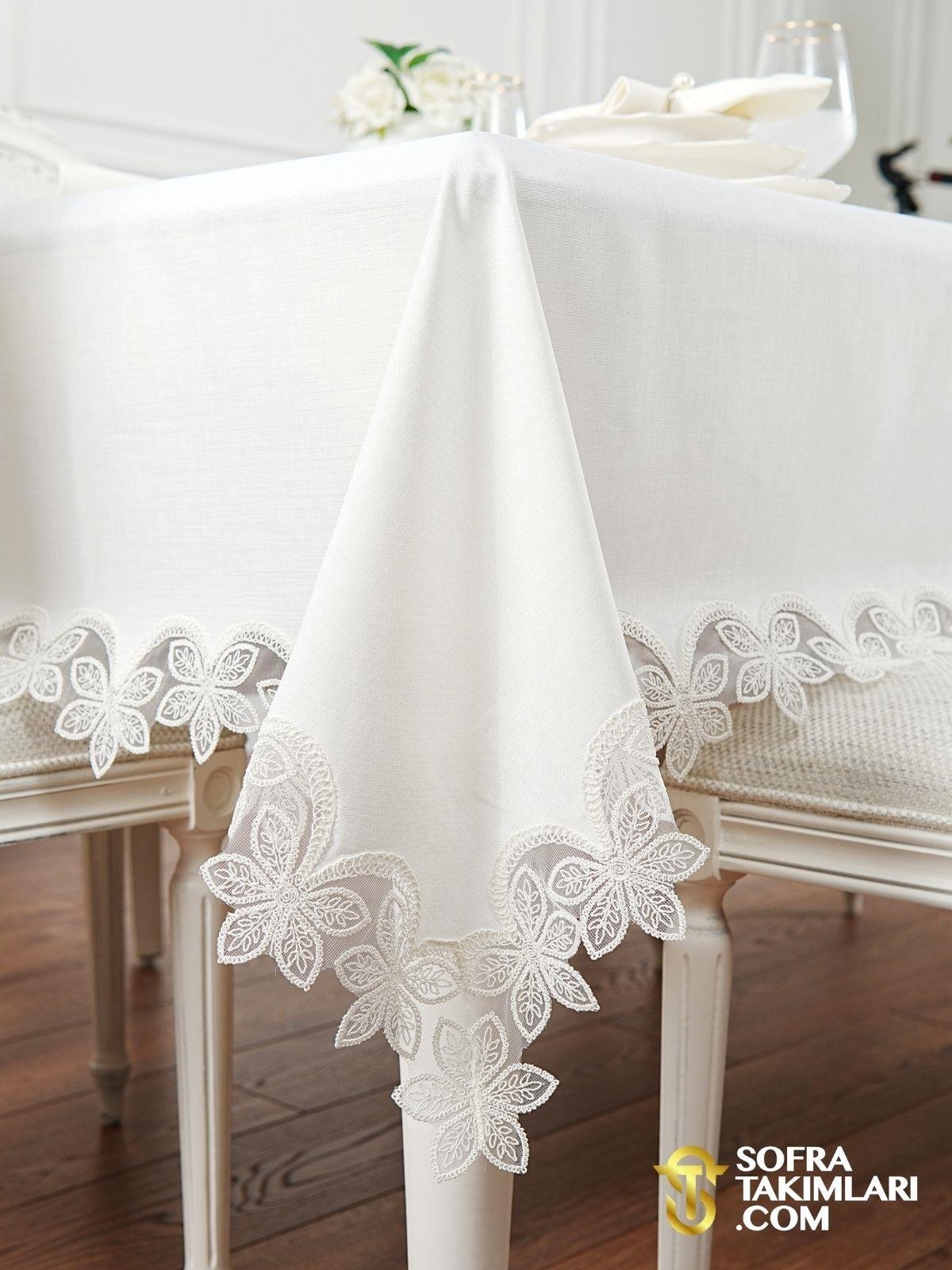 Manolya Model Lüx Sofra Takımı - 38 Parça Amerikan Servisli Set - Kırık Beyaz Dantel - Kırık Beyaz Kumaş 2725