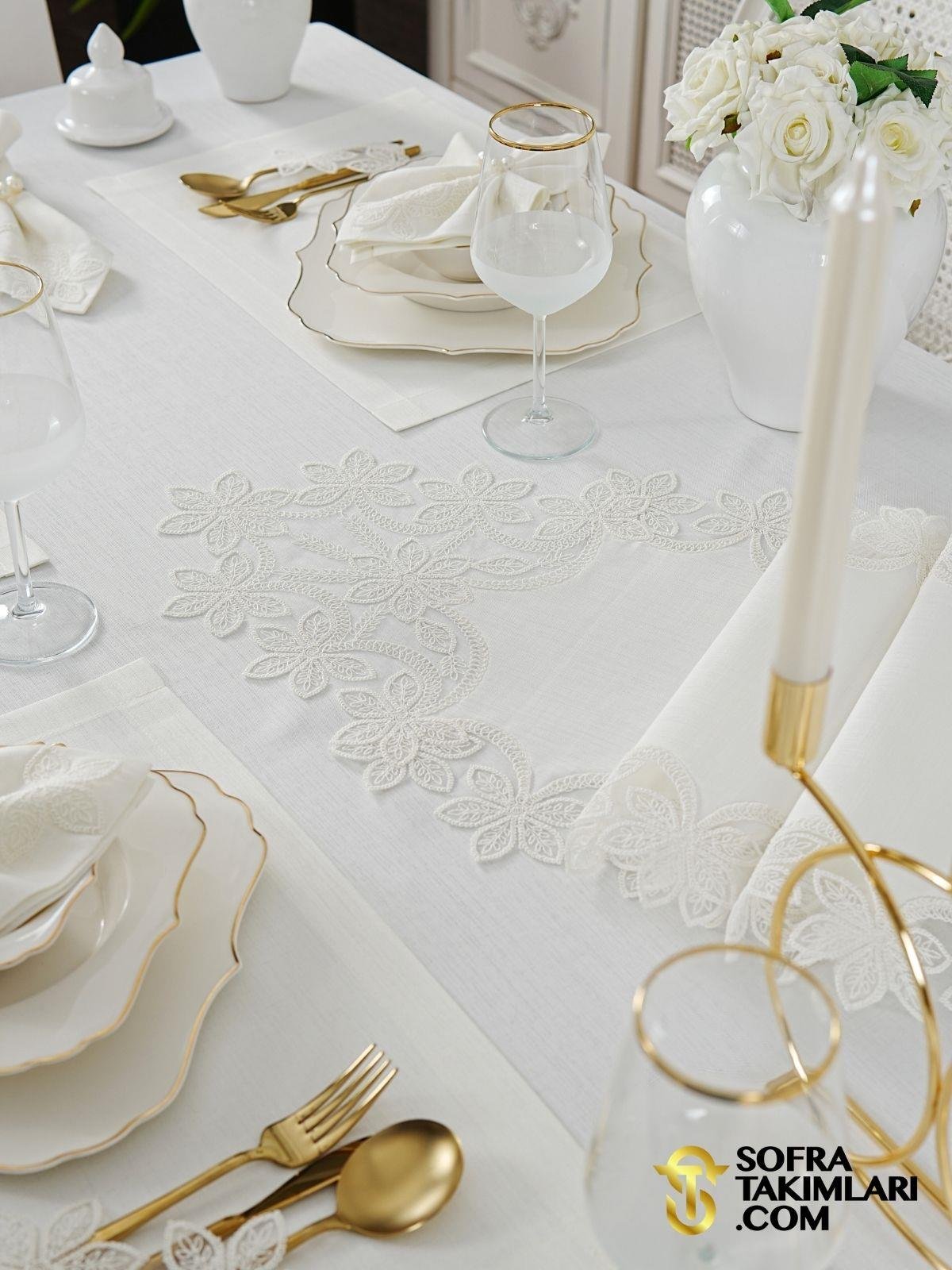 Manolya Model Lüx Sofra Takımı - 38 Parça Amerikan Servisli Set - Kırık Beyaz Dantel - Kırık Beyaz Kumaş 2725