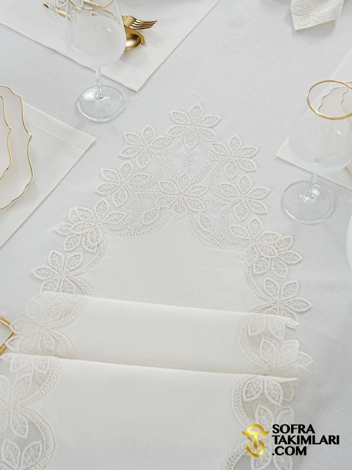 Manolya Model Lüx Sofra Takımı - 38 Parça Amerikan Servisli Set - Kırık Beyaz Dantel - Kırık Beyaz Kumaş 2725