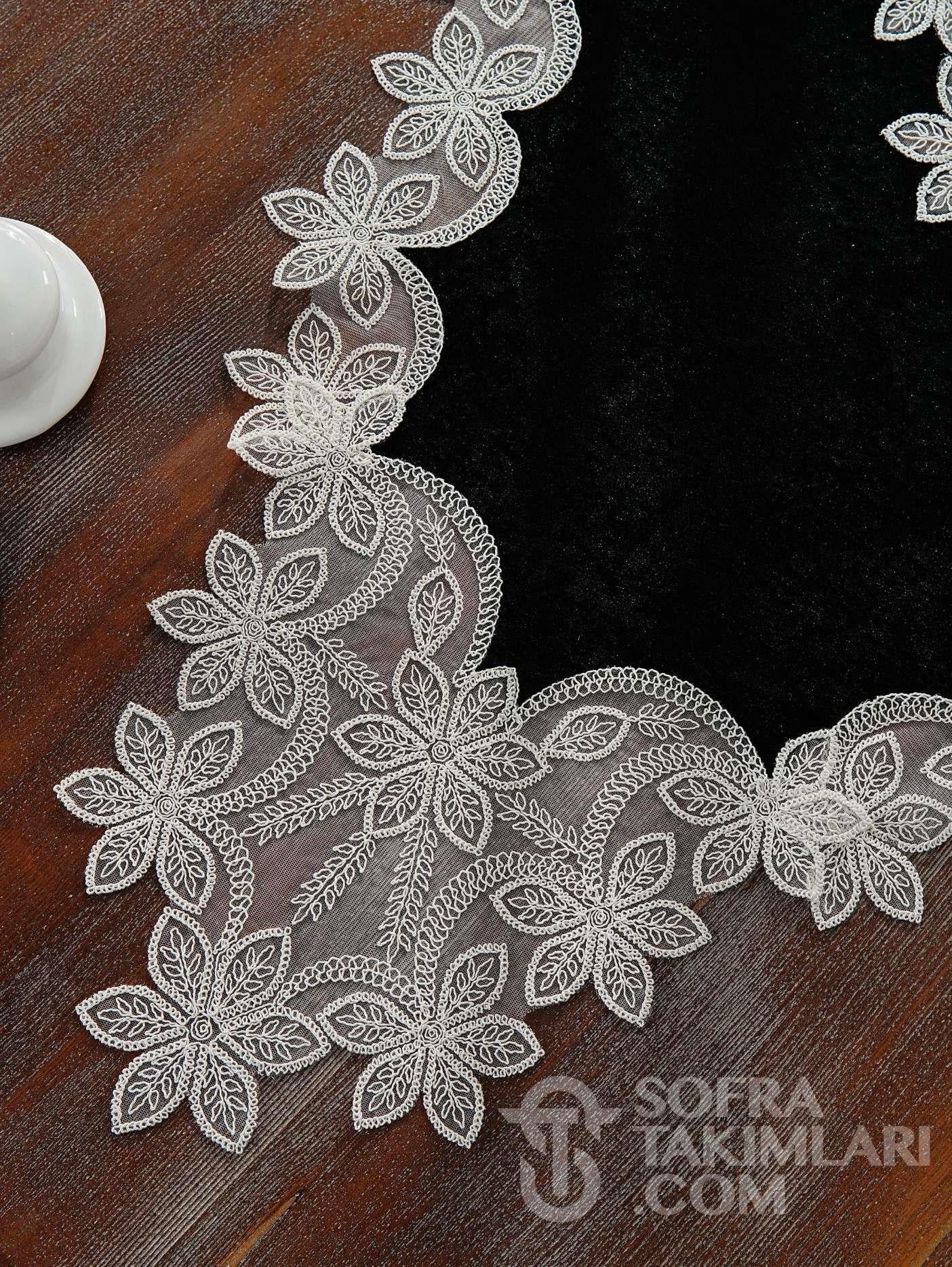 Manolya Model Salon Örtü Takımı - 5 Parça Set - Siyah Kadife Kumaş