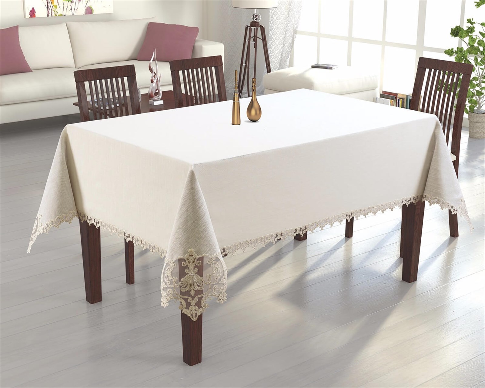 Masa Örtüsü Linen Lale Göbek Dantelli - KırıkBeyaz