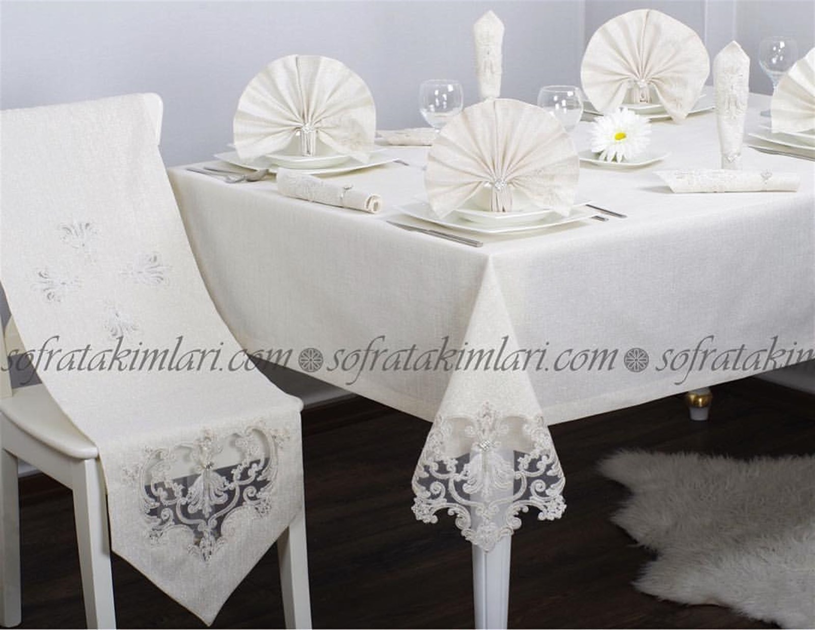 Masa Örtüsü Takımı Linen Lale -Taş 