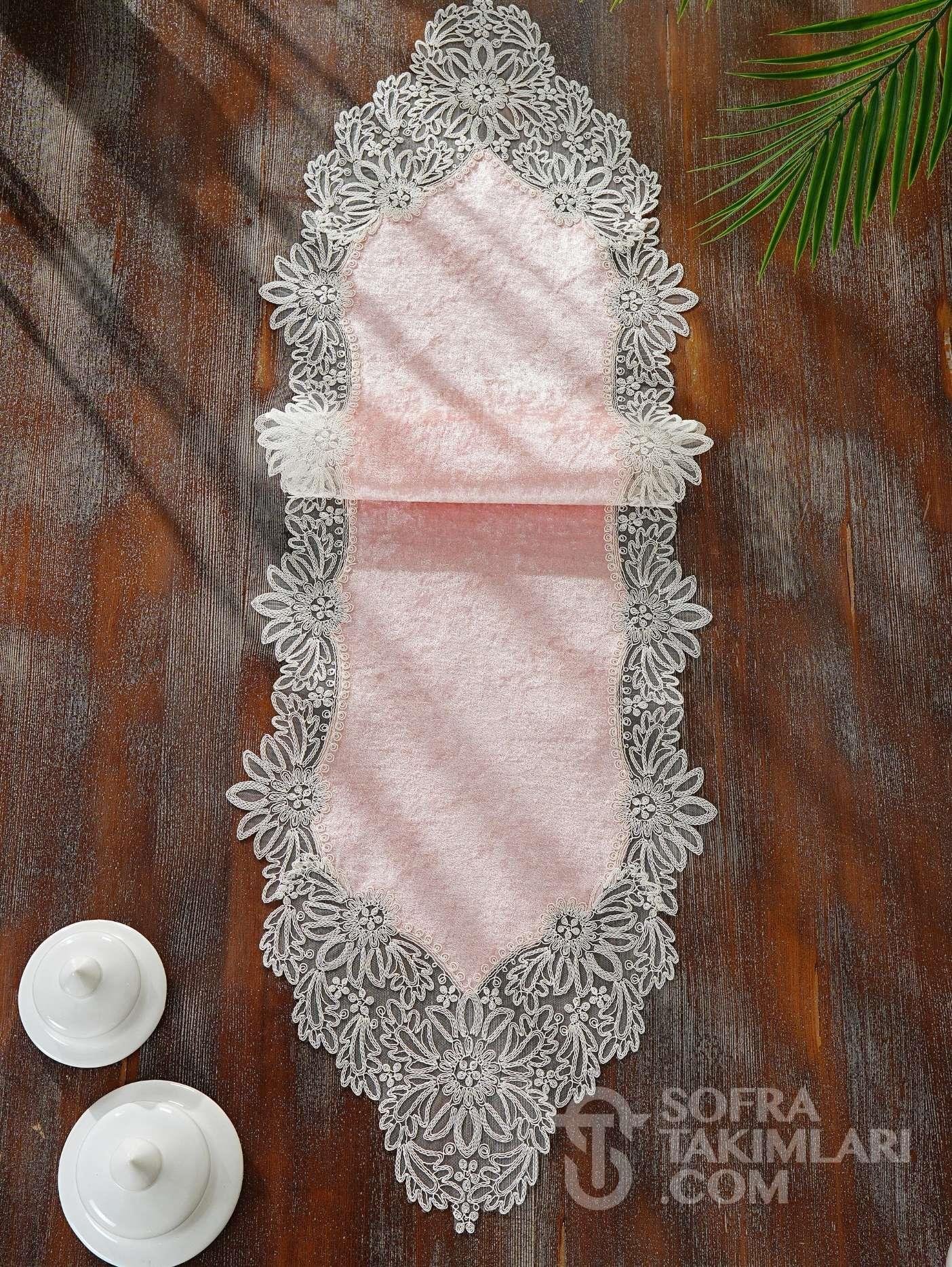 Mona Model 5 Parça Salon Örtü Takımı - Pembe Kadife Kumaş 