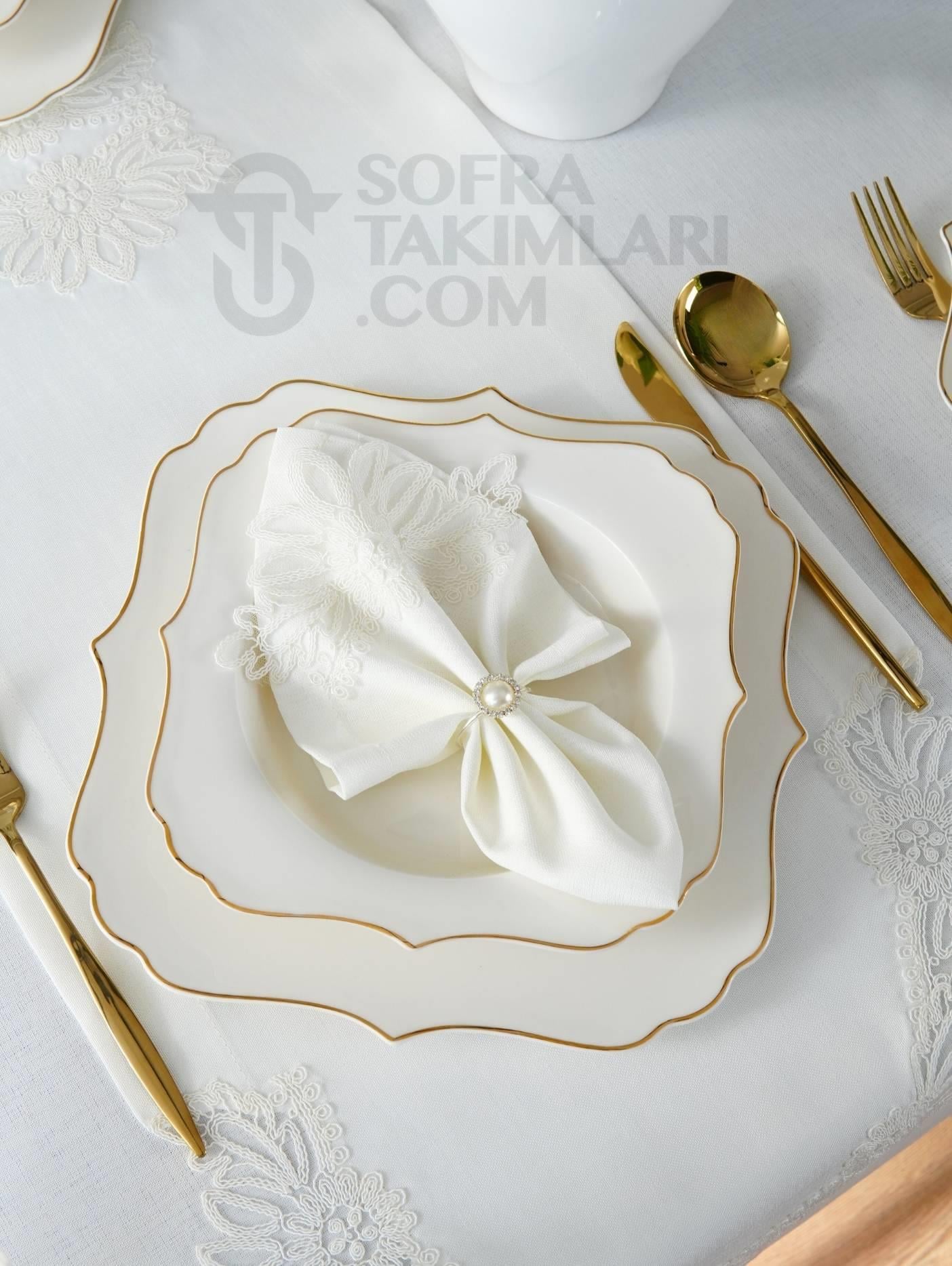 Mona Model Eko Sofra Takımı 26 Parça Set - Kırık Beyaz Dantel - Kırık Beyaz Keten Kumaş