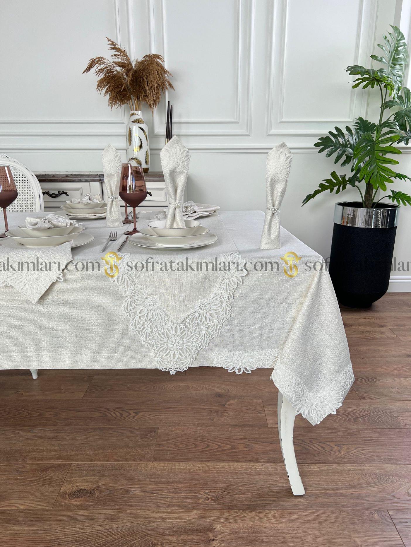 Mona Model Eko Sofra Takımı 38 Parça Amerikan Servisli Set - Kırık Beyaz Dantelli - Işıltılı Taş Rengi Kumaş
