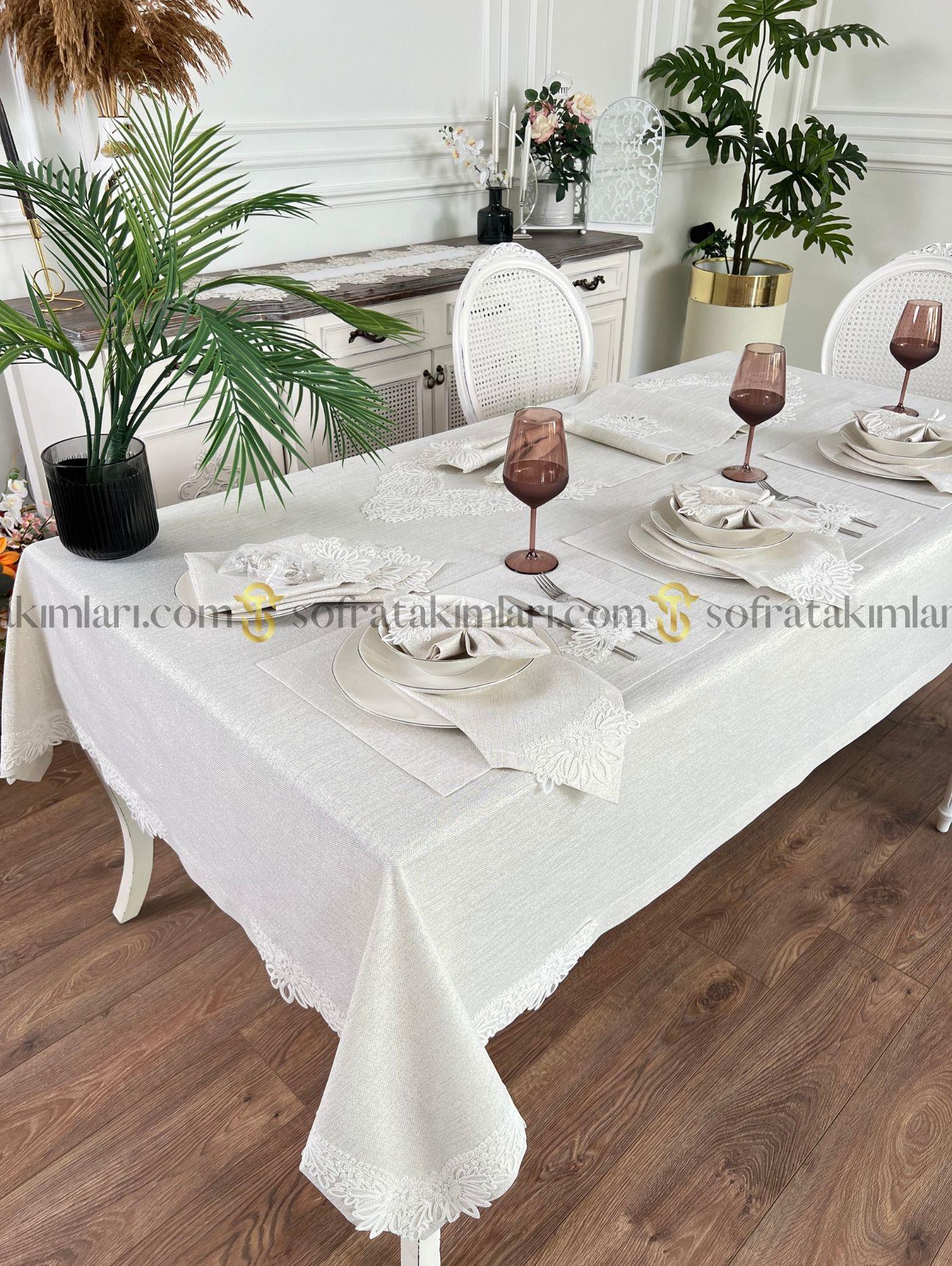 Mona Model Eko Sofra Takımı 38 Parça Amerikan Servisli Set - Kırık Beyaz Dantelli - Işıltılı Taş Rengi Kumaş