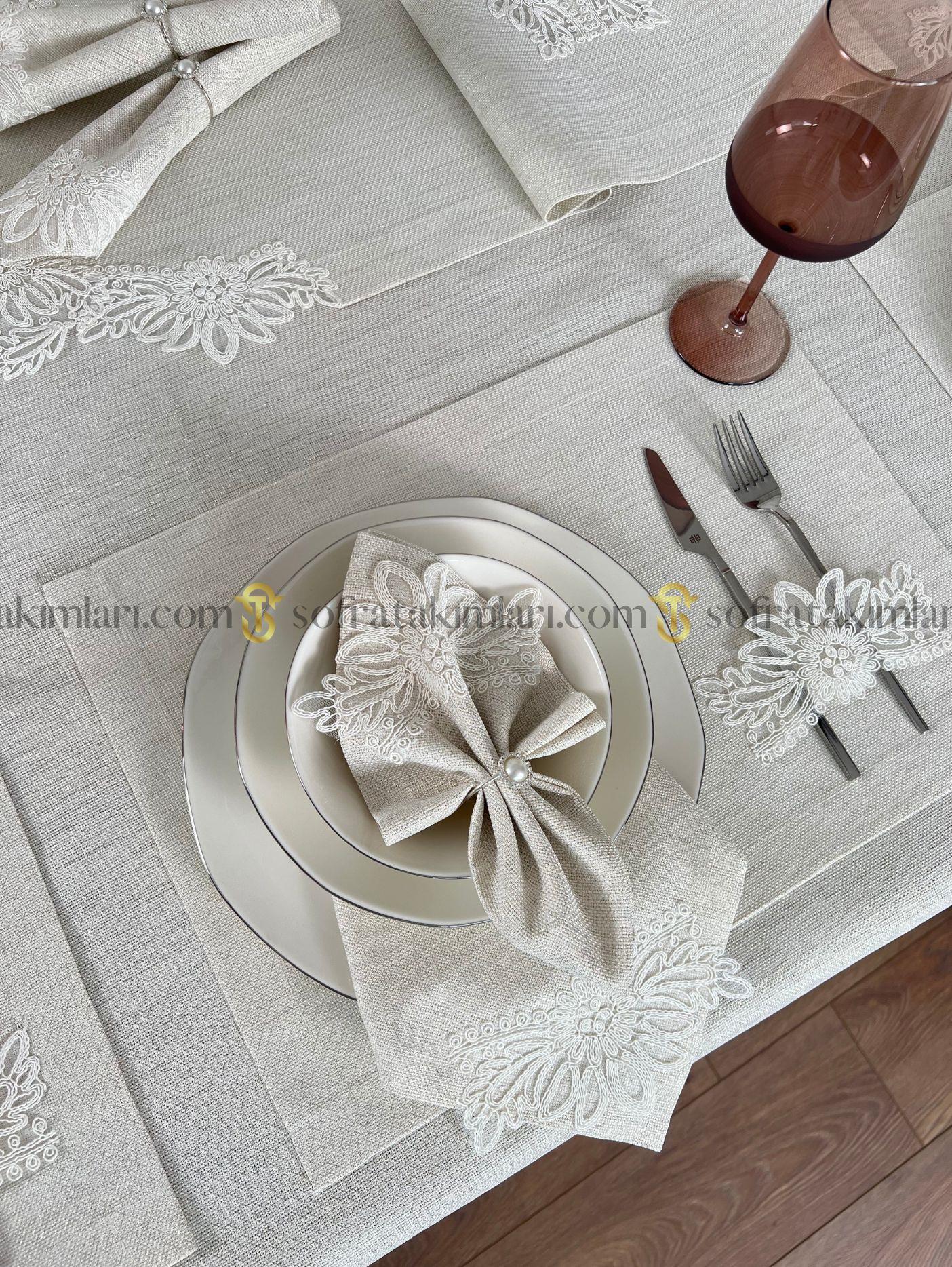Mona Model Eko Sofra Takımı 38 Parça Amerikan Servisli Set - Kırık Beyaz Dantelli - Işıltılı Taş Rengi Kumaş