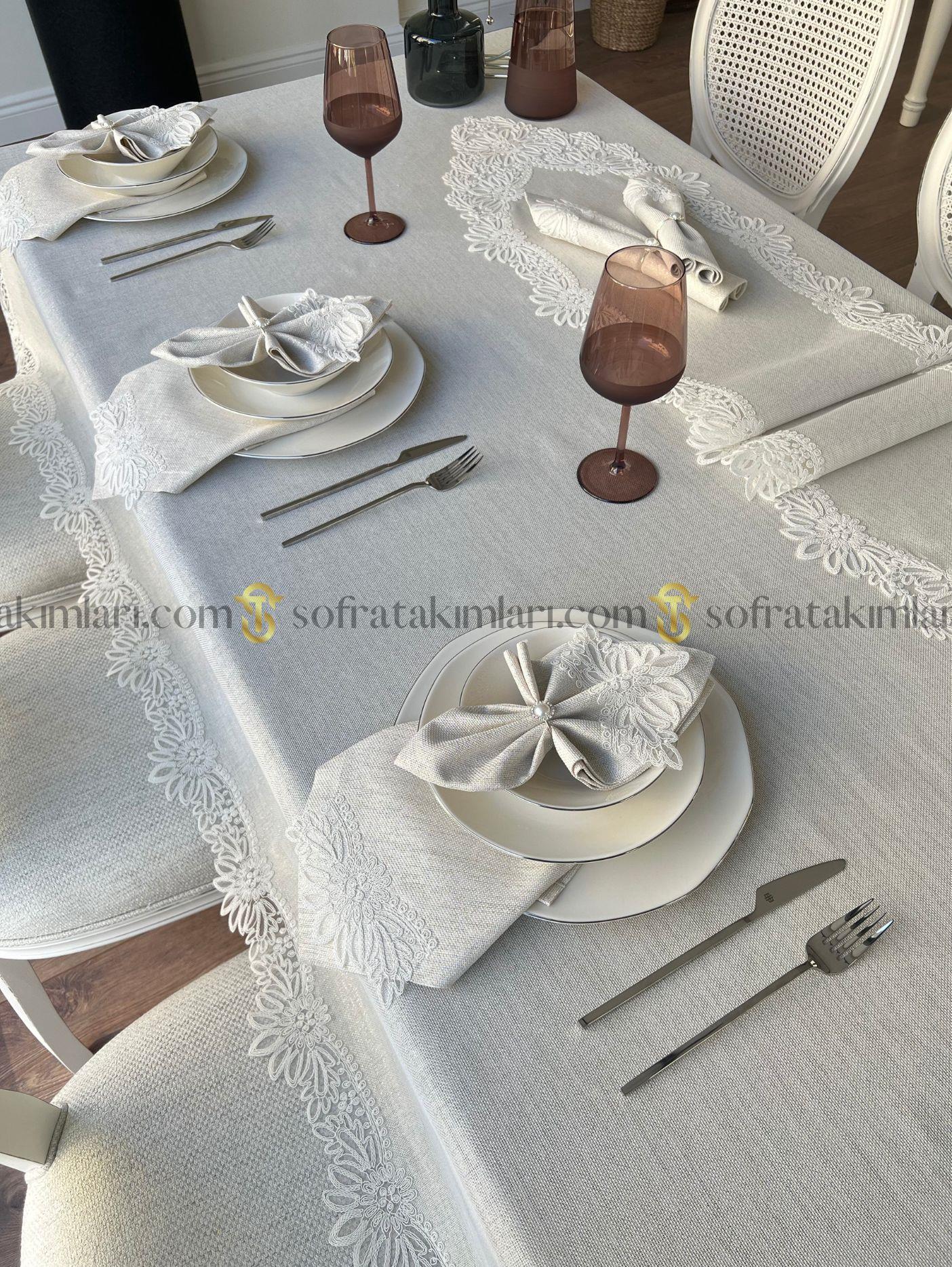 Mona Model Lüx Sofra Takımı 26 Parça Set - Kırık Beyaz Dantel - Işıltılı Taş Rengi Kumaş