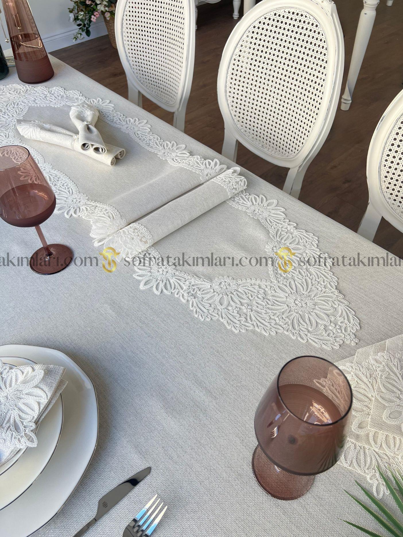 Mona Model Lüx Sofra Takımı 26 Parça Set - Kırık Beyaz Dantel - Işıltılı Taş Rengi Kumaş
