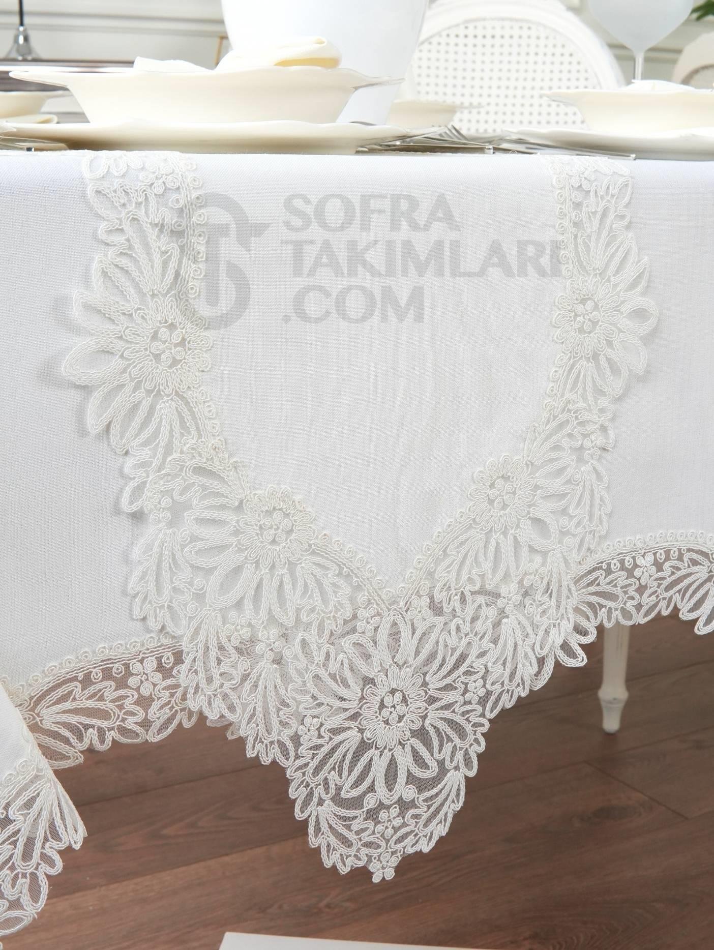Mona Model Lüx Sofra Takımı 26 Parça Set - Kırık Beyaz Dantel -  Kırık Beyaz Keten Kumaş