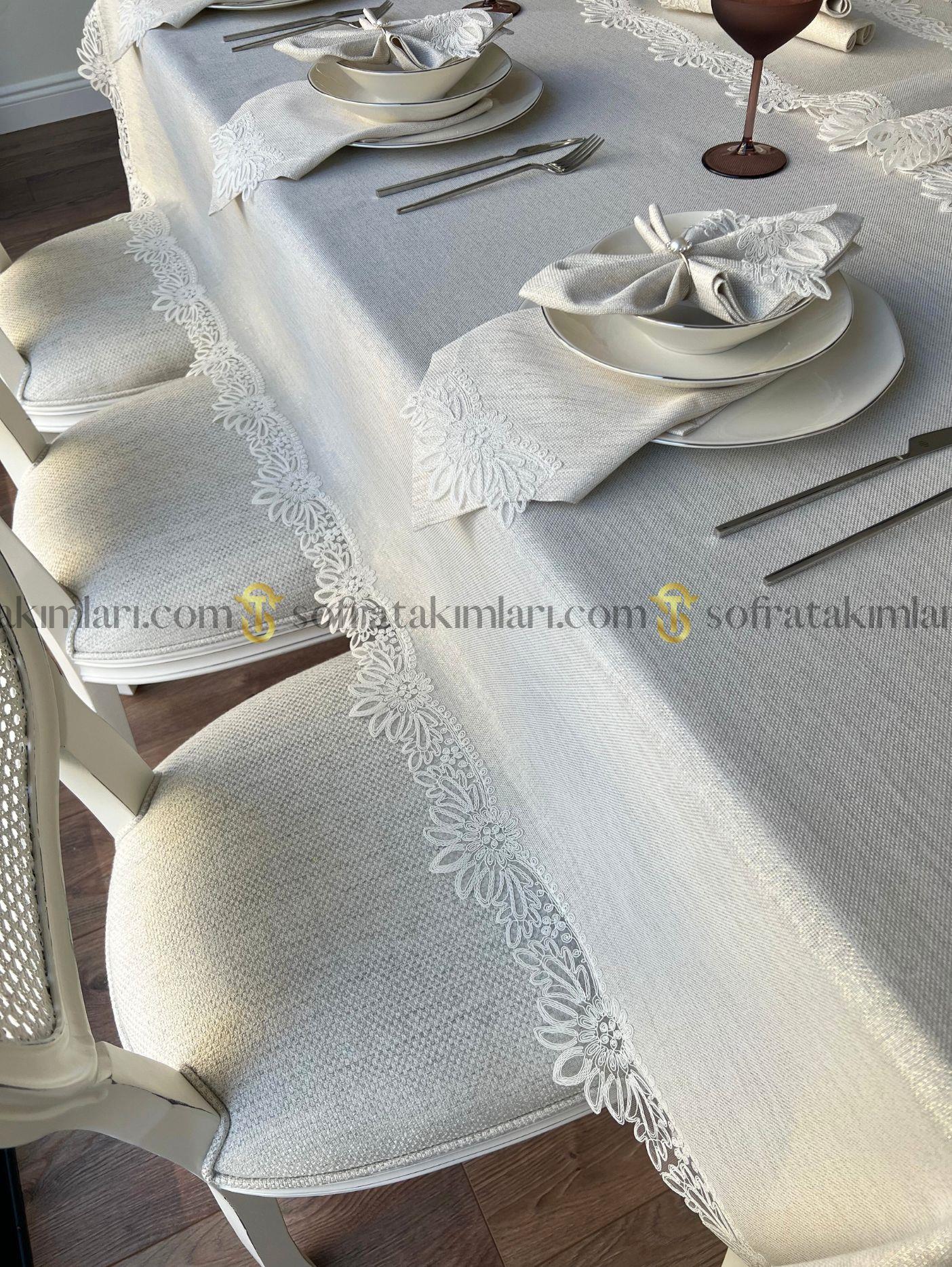 Mona Model Lüx Sofra Takımı 26 Parça Set - Kırık Beyaz Dantel - Işıltılı Taş Rengi Kumaş