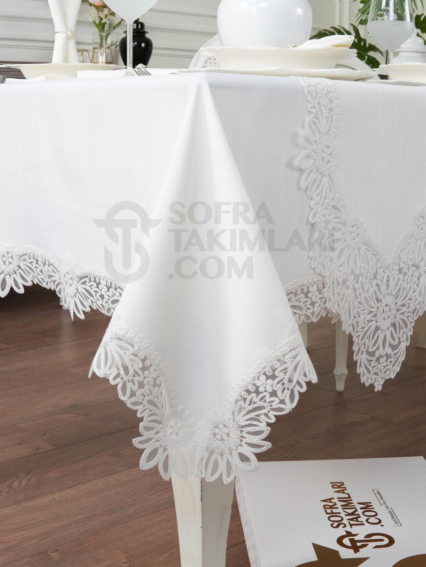 Mona Model Lüx Sofra Takımı 26 Parça Set - Kırık Beyaz Dantel -  Kırık Beyaz Keten Kumaş