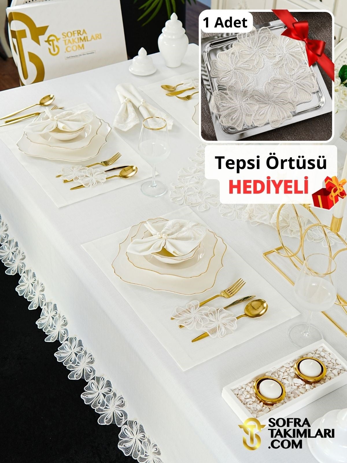 Orkide Model Lüks Sofra Takımı 38 Parça Full Set - Gold Dantel - Kırık Beyaz Keten Kumaş