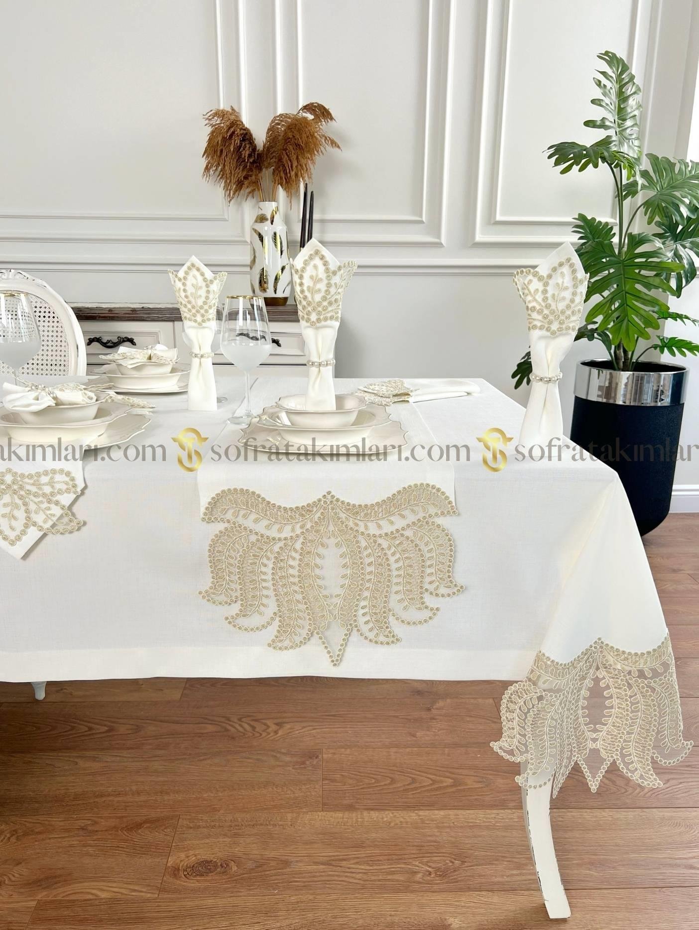 Paradise Model Eko 26 Parça Sofra Takımı - Gold Dantelli - Kırık Beyaz Kumaş