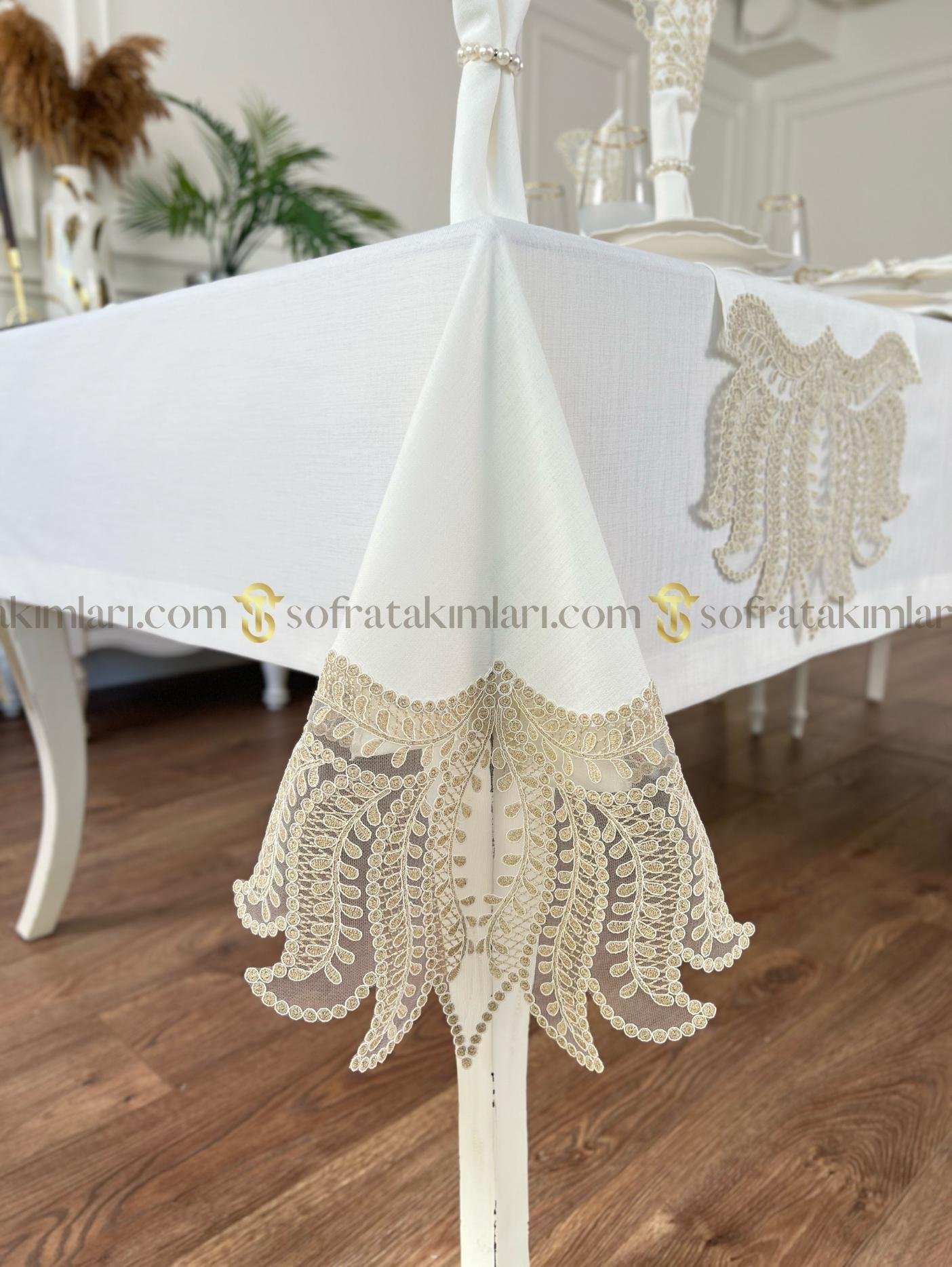 Paradise Model Eko 26 Parça Sofra Takımı - Gold Dantelli - Kırık Beyaz Kumaş
