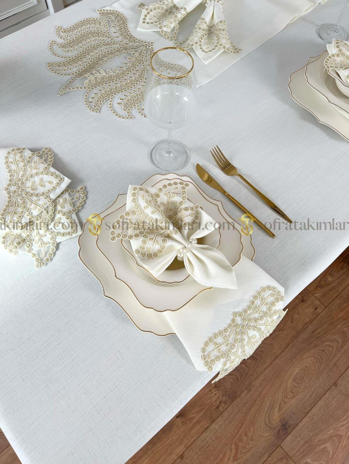 Paradise Model Eko 26 Parça Sofra Takımı - Gold Dantelli - Kırık Beyaz Kumaş