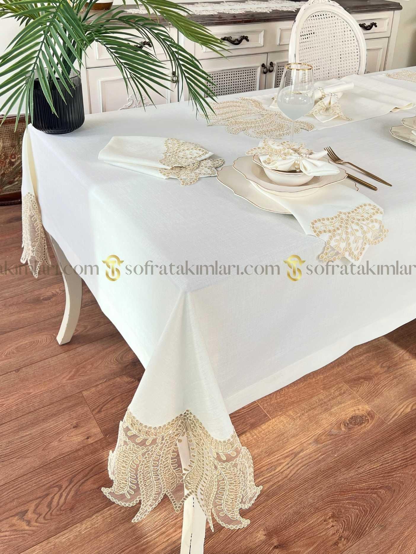 Paradise Model Eko 26 Parça Sofra Takımı - Gold Dantelli - Kırık Beyaz Kumaş