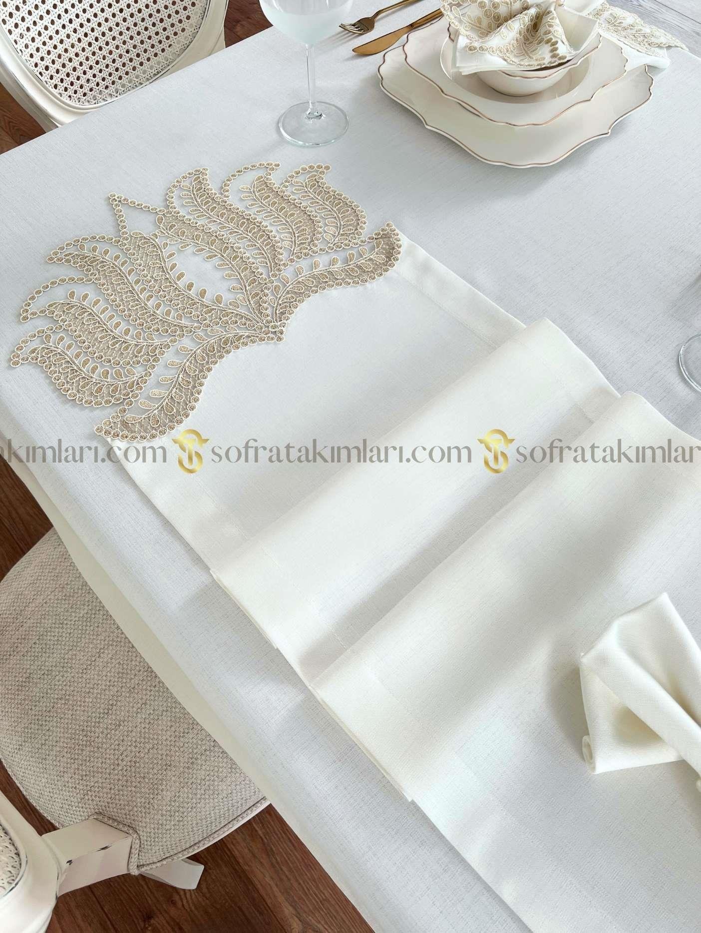 Paradise Model Eko 26 Parça Sofra Takımı - Gold Dantelli - Kırık Beyaz Kumaş